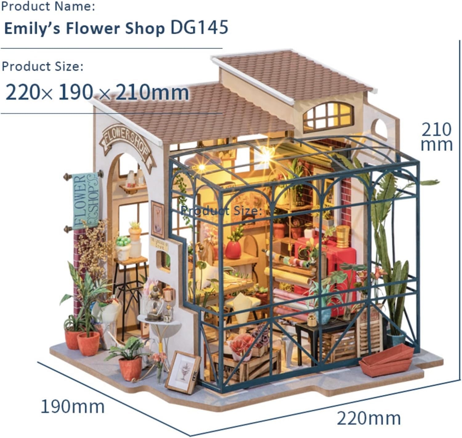 Robotime DG145 Rolife Emily's Flower Shop Miniature dukkehus Lavet af træ, metal, stof og pap, Mål: 22 X 15 X 17 Cm, Naty Shop dukkehuse