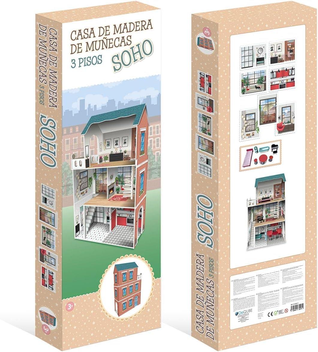 Soho-Madera design 3-etagers dukkehus med 8 møbler, mål 120 x 33 x 75 cm (913D00181)