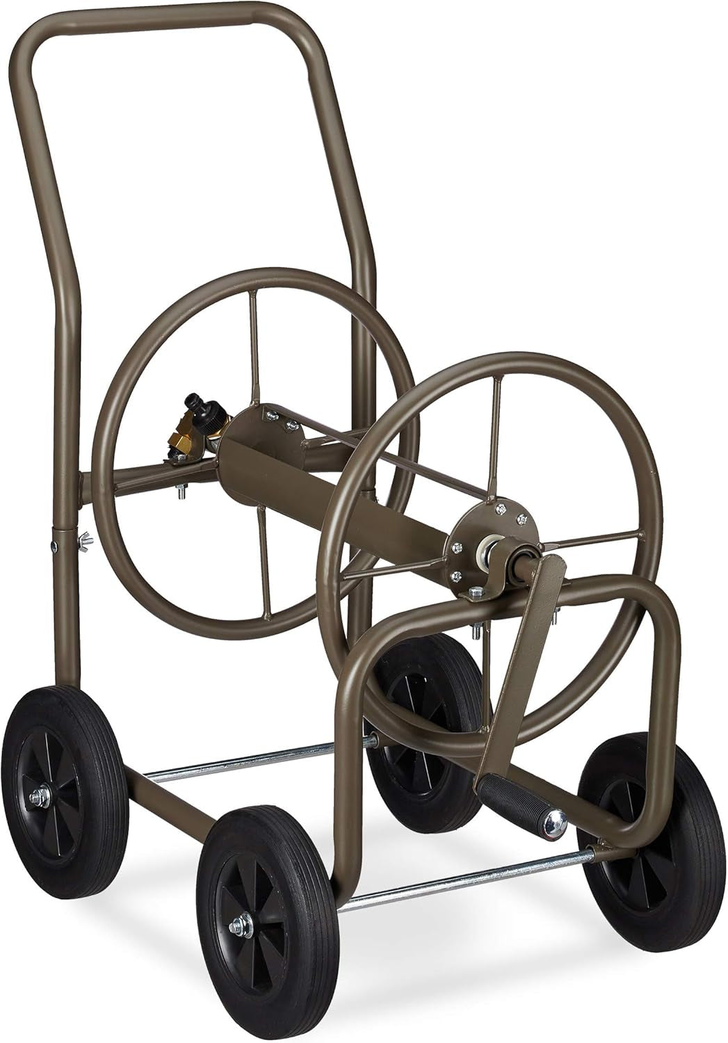 Relaxdays XL slangevogn, mobil slangetromle, metal, til 60 m slange, 4 hjul, med håndsving, 90° rulle, brun