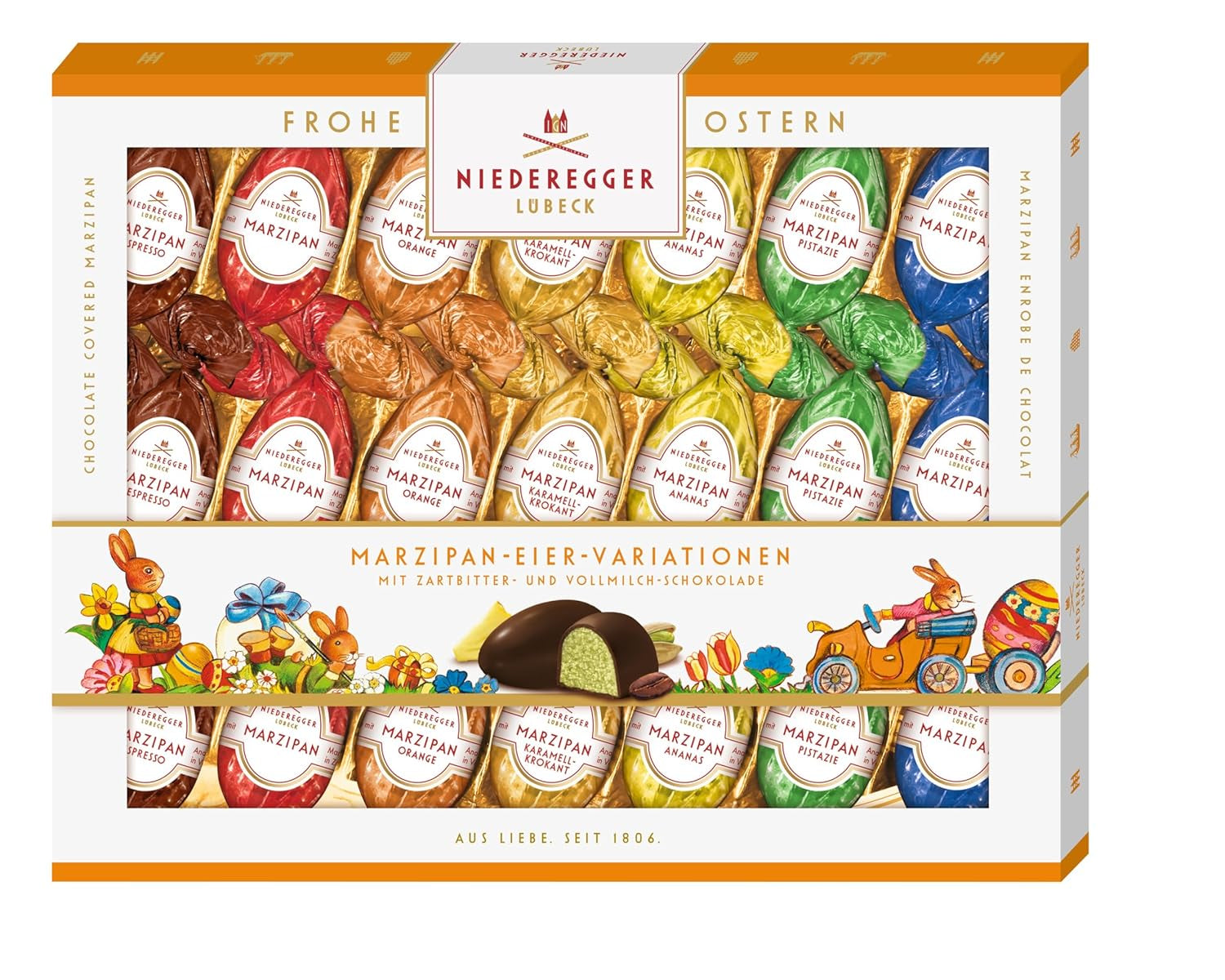Niederegger | Marcipanæg | 1 x 262g | Varianter: Klassisk, Mælkechokolade, Appelsin, Karamel Crunch, Ananas, Espresso og Pistacie | Dækket med mørk og mælkechokolade | påske gave