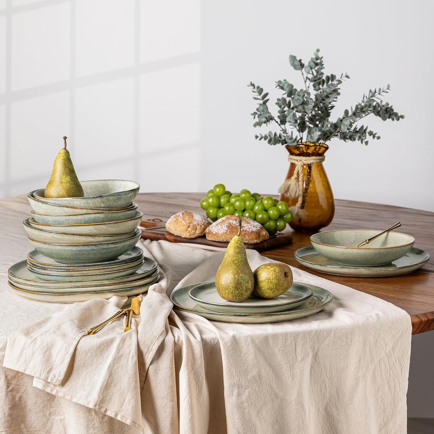 GBhome 6-personers keramisk porcelænssæt 24-dele reaktiv glasur Håndlavet mikroovn og opvaskemaskine Tåler skål og tallerkensæt Desret Sage GDW007GY-24P-EU