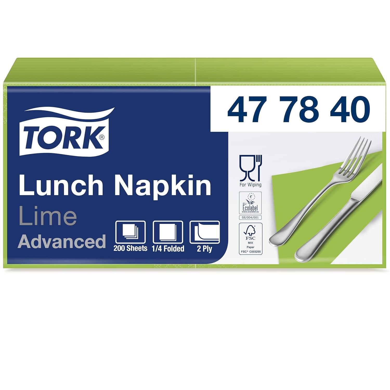 Tork 477840 Lime frokostservietter / 2-lags servietter til små måltider eller snacks / Avanceret kvalitet / 10 X 200 (2000) Papirservietter / 32,6 X 33 cm (L X B) / 1/4 fold