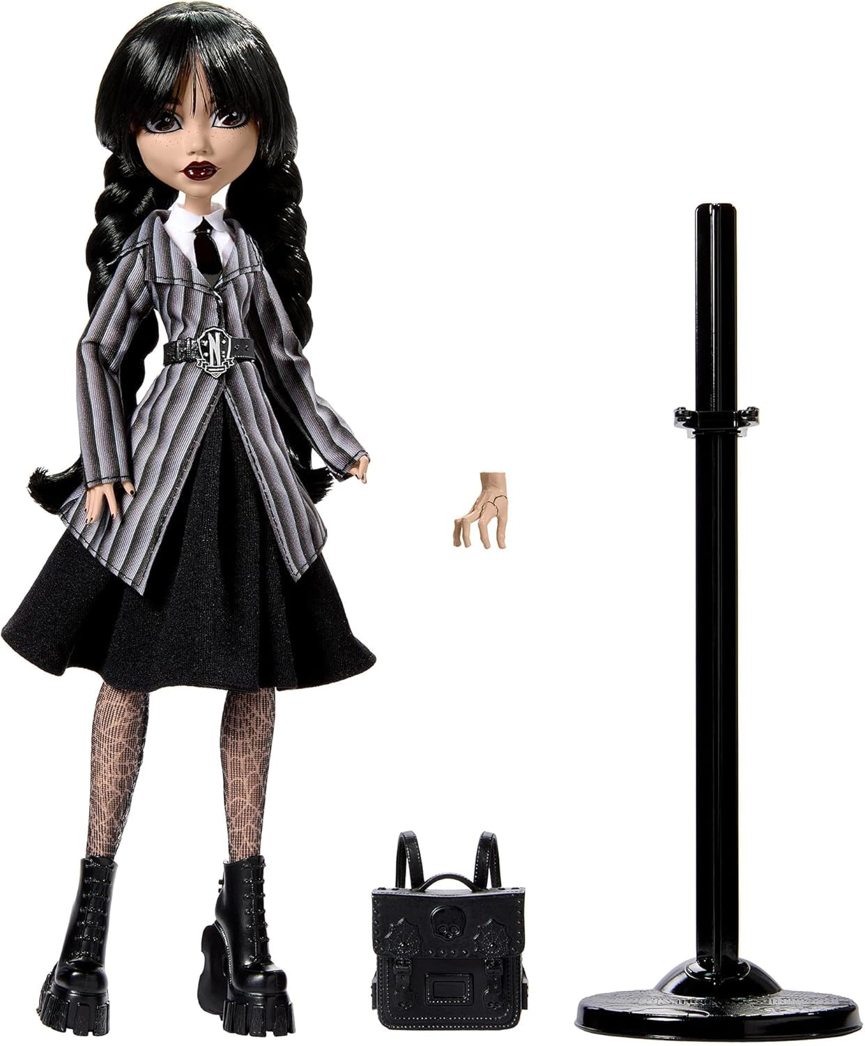 Monster High onsdagsdukke og tilbehør onsdag Addams samlerfigur i Nevermore Academy Uniform med iskold hånd og rygsæk dukkestativ HXJ04 Naty Shop-dukker