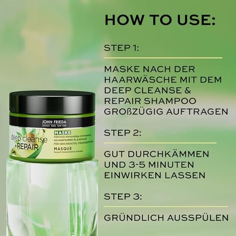 John Frieda - Deep Cleanse & Repair Mask / Treatment - Indhold: 250 ml - Med hampfrøolie + nærende avocado - Beroligende hårmaske til beskadiget hår Naty Shop hårmaske