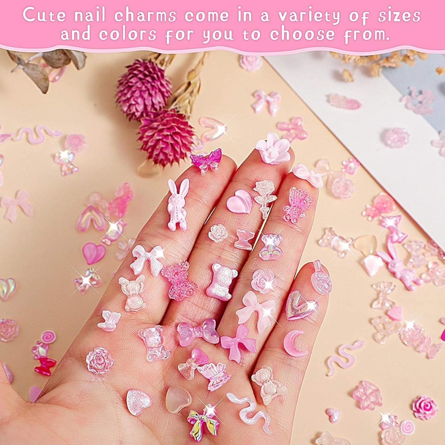 200 stykker Nail Art Charms 3D Nail Art Dekorationssæt Sløjfe Negle Pendant Pink Blandet Sløjfe Blomst Bamse Slikkepind Hjerteform Negle Art Dekoration DIY Craft Negle Design