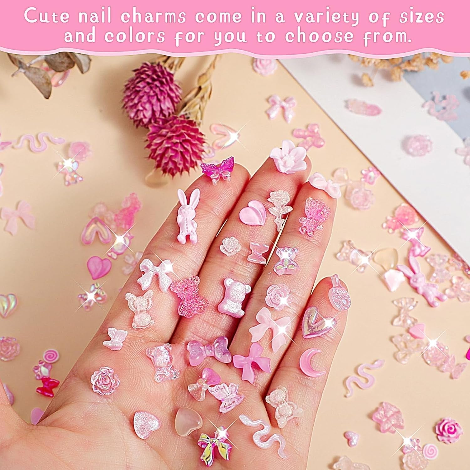 200 stykker Nail Art Charms 3D Nail Art Dekorationssæt Sløjfe Negle Pendant Pink Blandet Sløjfe Blomst Bamse Slikkepind Hjerteform Negle Art Dekoration DIY Craft Negle Design