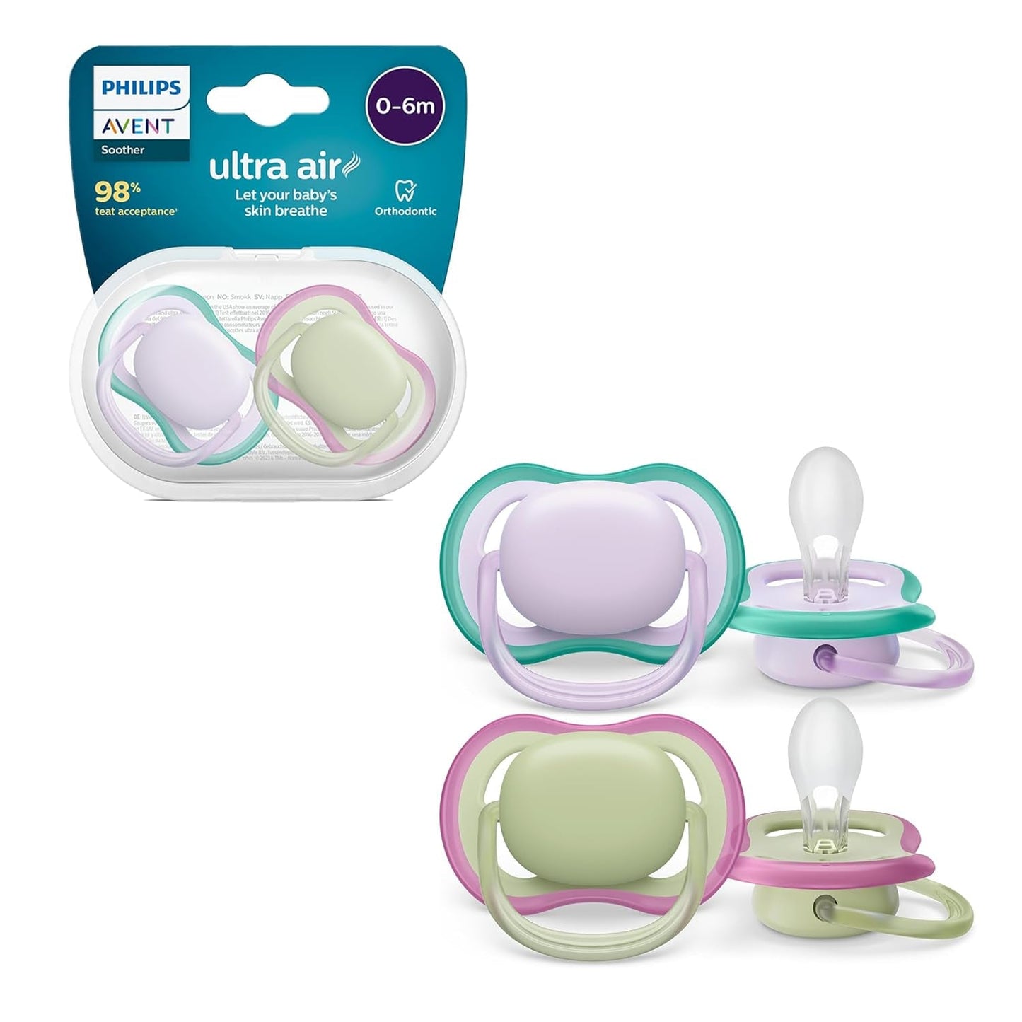 Philips AVENT ultra air-sutter - Lette og åndbare sutter til babyer i alderen 0-6 måneder, BPA-fri, med bæretaske som sterilisator, 2-pak, model SCF085/24