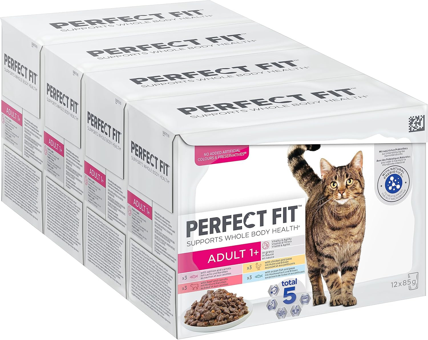 Perfect Fit Adult 1+ vådfoderudvalg med laks, dybhavsfisk, oksekød og kylling, 48 poser, 12x85g (pakke med 4) - Premium vådfoder til voksne katte fra 1 år
