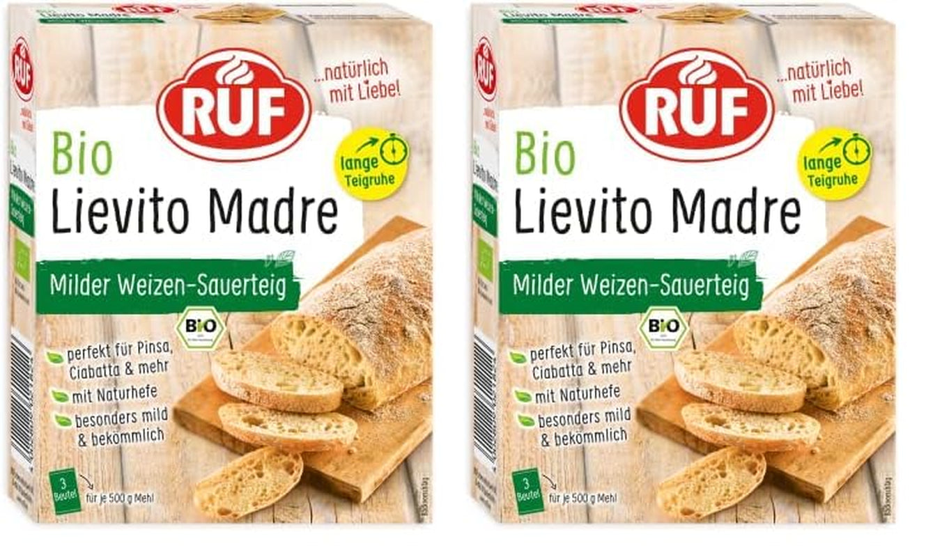 RUF Lievito Madre Sauerteig, Milder Weizen-Sauerteig, Mutterteig, Kurze Teigruhe Durch Enthaltene Trockenhefe, Lievito Madre Getrocknet Für Brot, Baguette, Focaccia, 3X35G Blanding til bagning og madlavning Naty Shop 105 G (2Er Pack) Lange