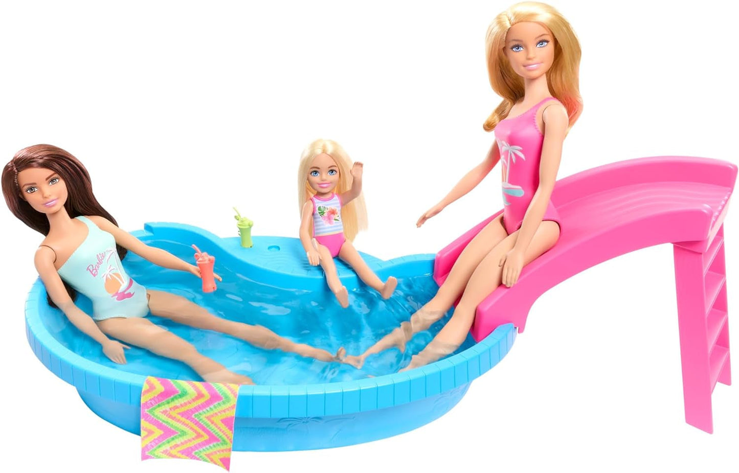 Barbie dukke og tilbehør - pool med rutsjebane og tilbehør til timevis af sjov i solen, pink badedragt med tropisk design, til børn fra 3 år, HRJ74 Naty Shop Dukkehuse