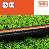 BLACK+DECKER Haveslange 15 meter - Ø19MM - Holdbar PVC - Vanding af haven, vask af bilen, fylde poolen - Kompatibel med enhver standard vandhane - Sort/Orange