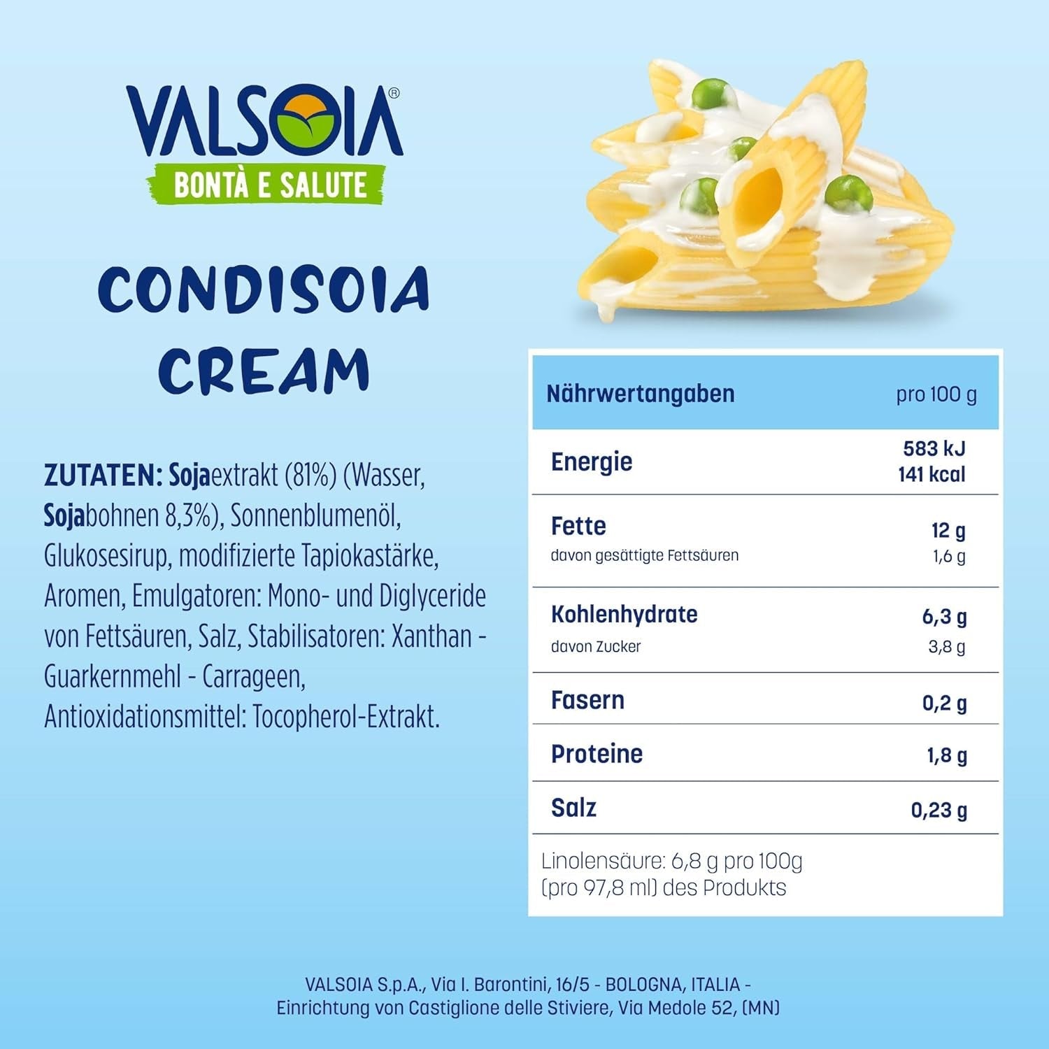 Condisoia creme, ideel madlavningscreme til personer med laktoseintolerance, veganere og vegetarer, alsidig i køkkenet, 6 x 200 g