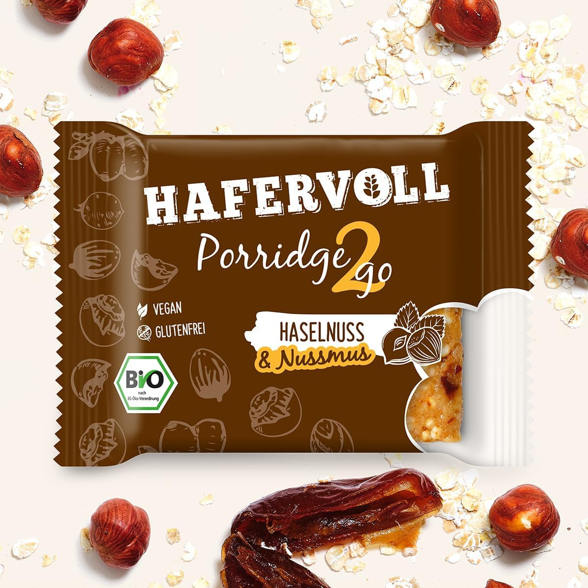 Hafervoll Porridge2go jordnøddesmør og nødder, 13 barer x 55 g - vegansk, økologisk, glutenfri, uden tilsat sukker snack, med havre, dadler og quinoaslik