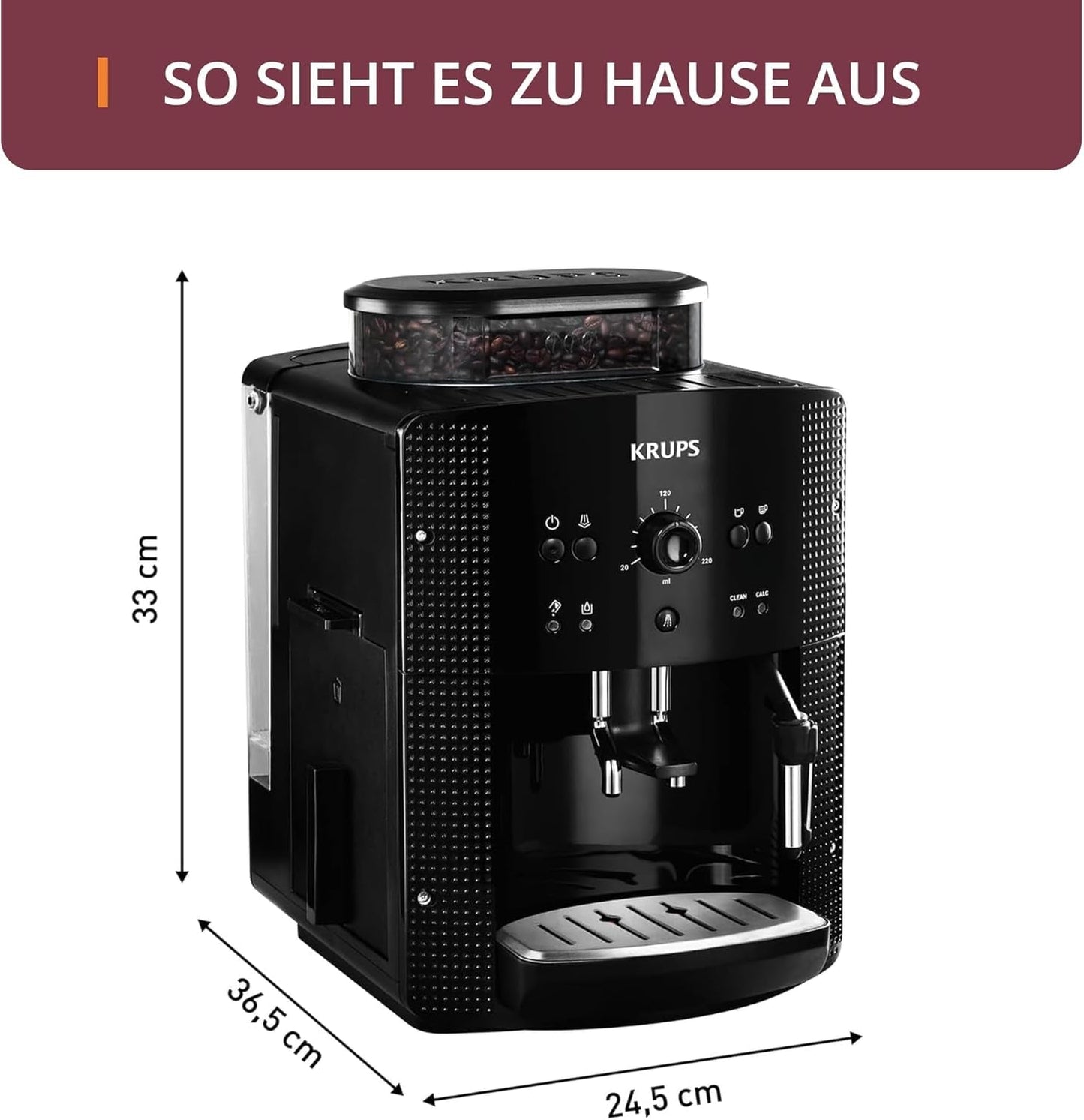 KRUPS Arabica Picto automatisk espressomaskine, kompakt design, nem at bruge, intuitiv justerbar drejekontrol, mælkeskummer, 2-kops funktion, espressomaskine, sort, EA810870