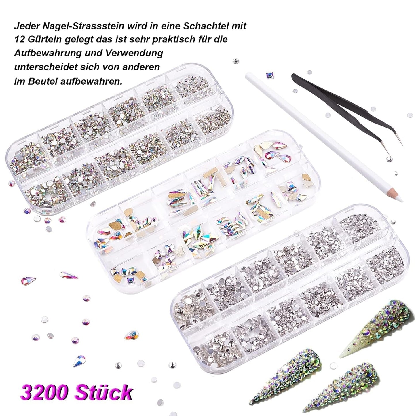 3200 Nail Stones Set FITDON Multi-Shaped Glass AB Stones og Clear Diamond Glitter AB Stones til Negle Art Decoration DIY Kits Smykker Nøgleringe Negle Accessories