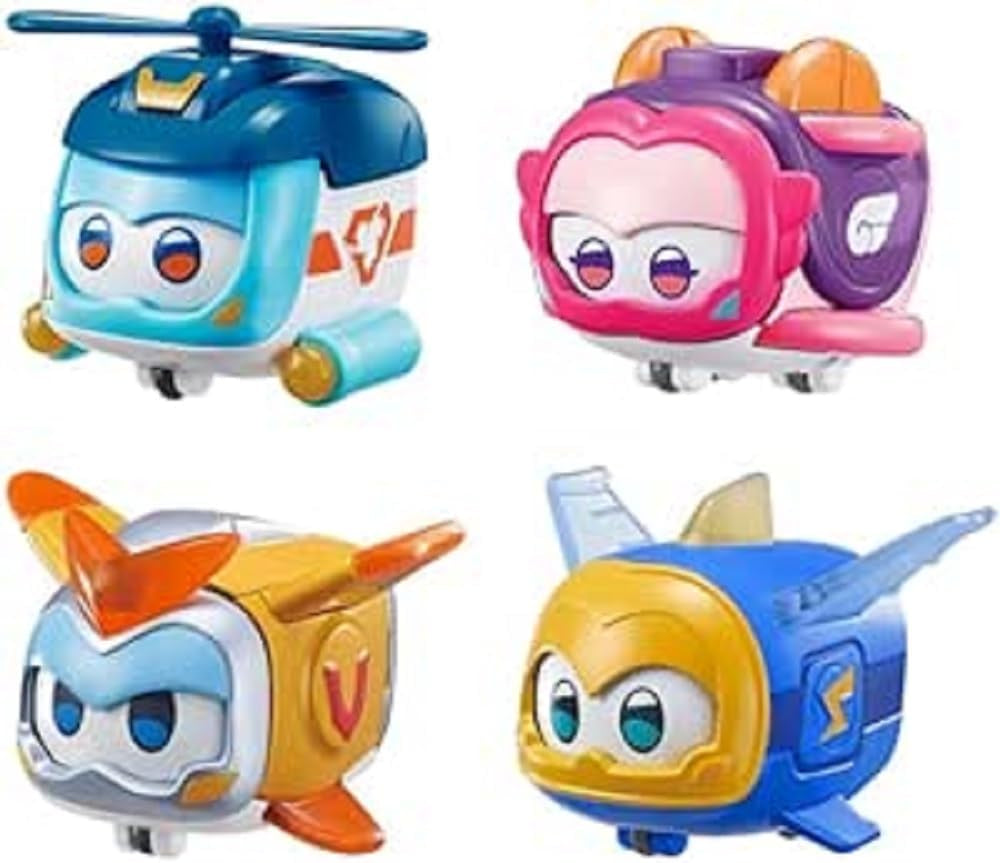 Super Wings Super Pets 4 STK Shine, Golden Boy, Jerome, Ellie Skiftbart ansigtsudtryk Lyneffekt Bærbart legetøj til 3 4 5 6 7 8 år gammel dreng Pige 2 tommer actionfigurer Naty Shop 4 pakke A