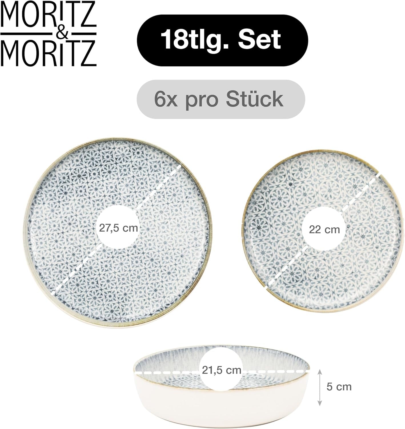 Moritz & Moritz ALHAMBRA Spisesæt til 6, 18 stykker, porcelæn af høj kvalitet - Moderne blåt porcelæn - Nemt at vedligeholde sæt med 6 middagstallerkener, 6 desserttallerkener og 6 skåle