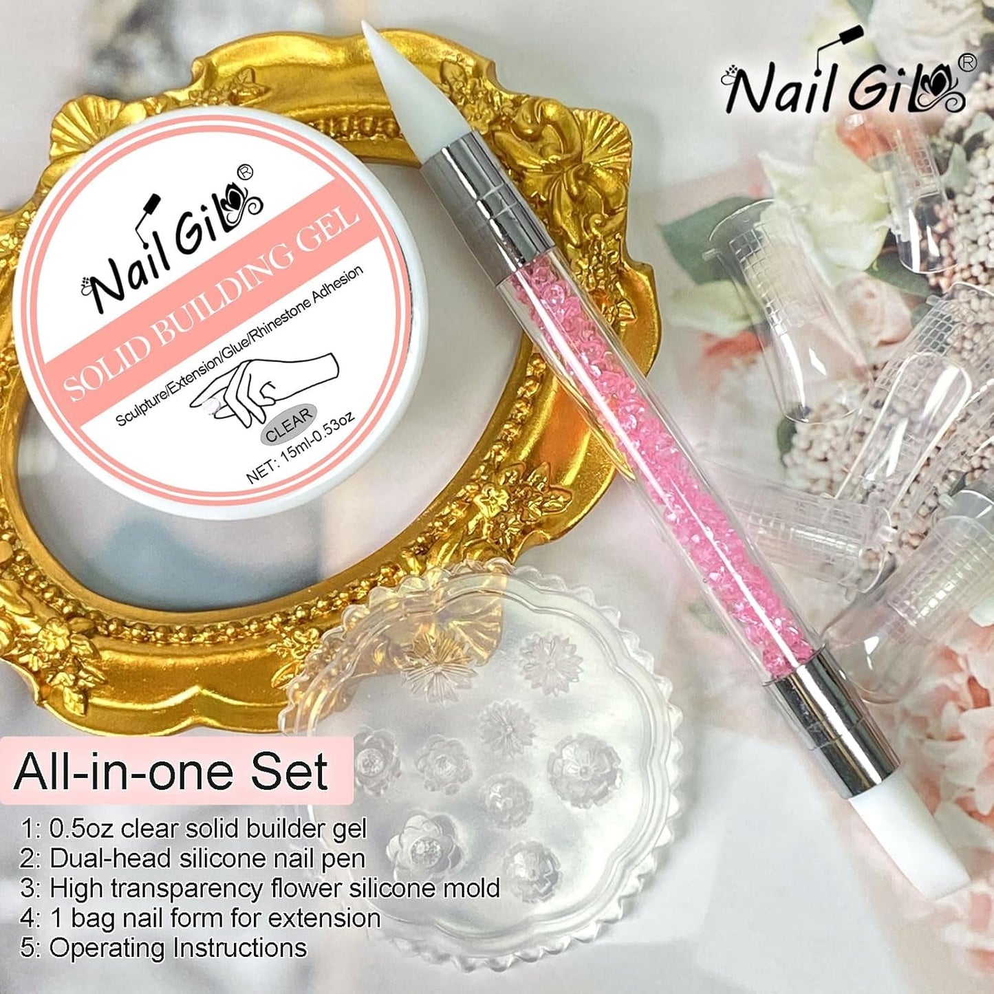 NAILGIL Solid Gel Neglelak, Solid Gel Neglelim, 3D Nail Art Skulptur med værktøjssæt, DIY Home Salon, Transparent 15G
