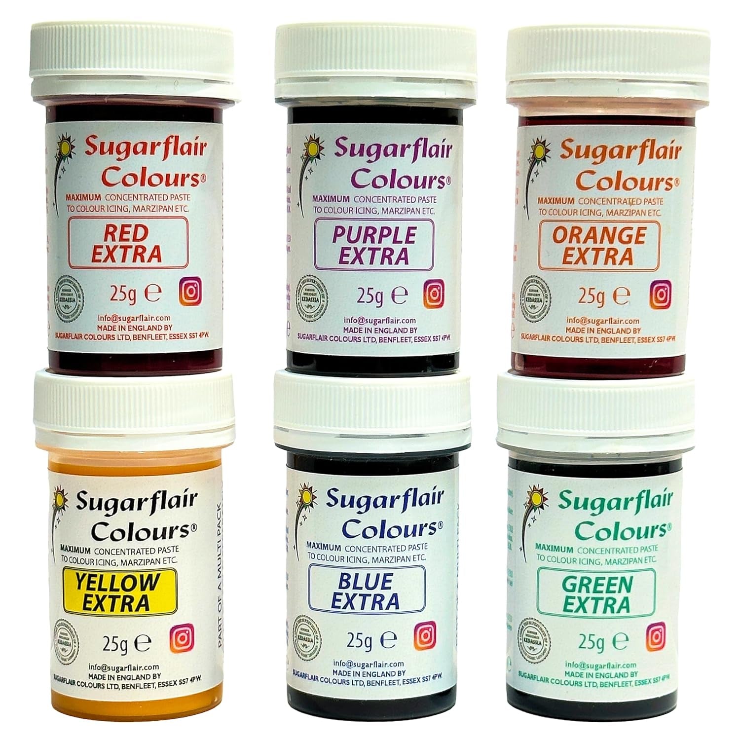 Sugarflair Max Concentrated madfarvesæt/6, madfarvepasta Max Concentrate, EKSTRA blå, rød, orange, gul, grøn, lilla - 6x25g
