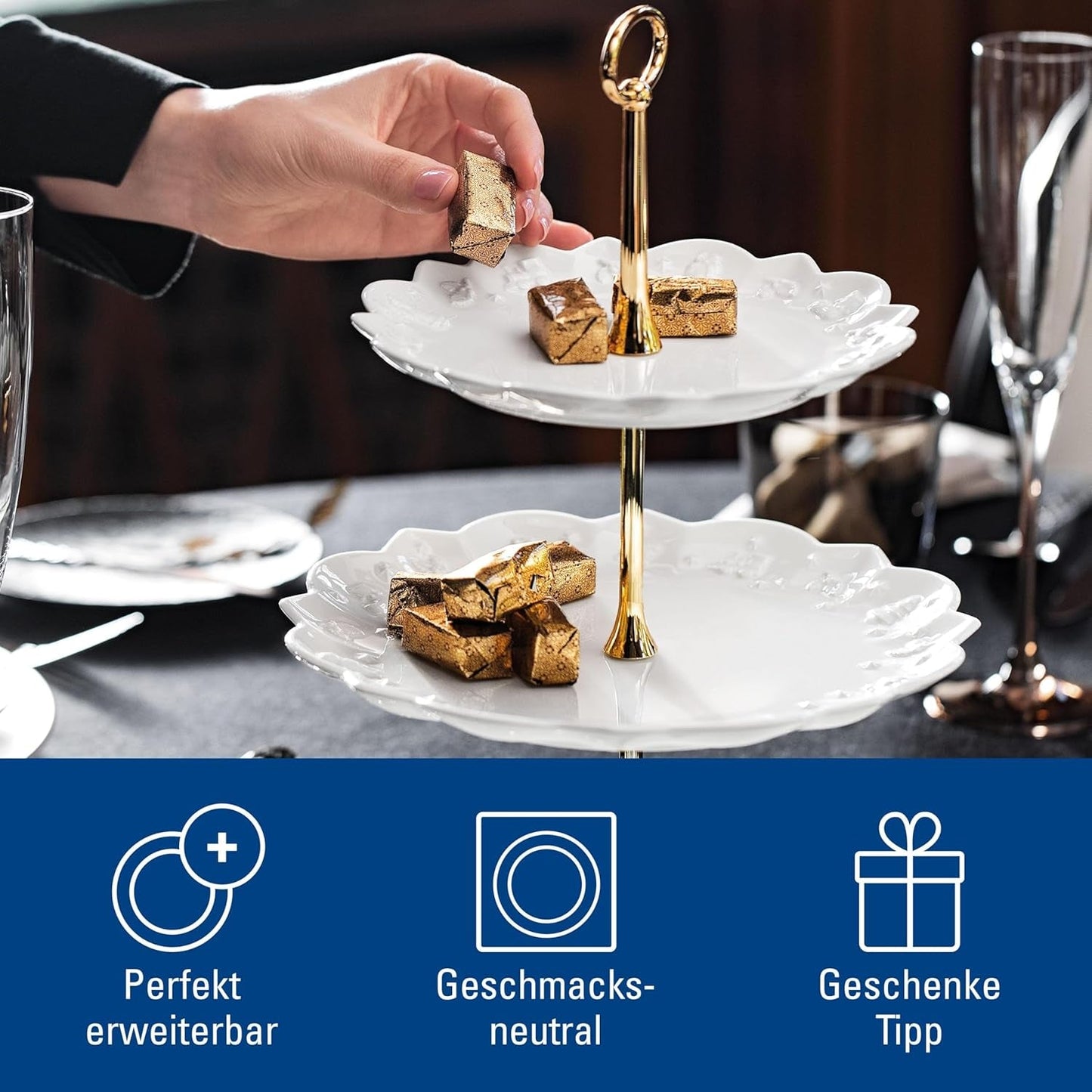 Villeroy & Boch Toys Delight Royal Classic hylde, dekorativt udstillingsstander i flere niveauer til småkager, kager og små kagestykker, premium porcelæn, hvid