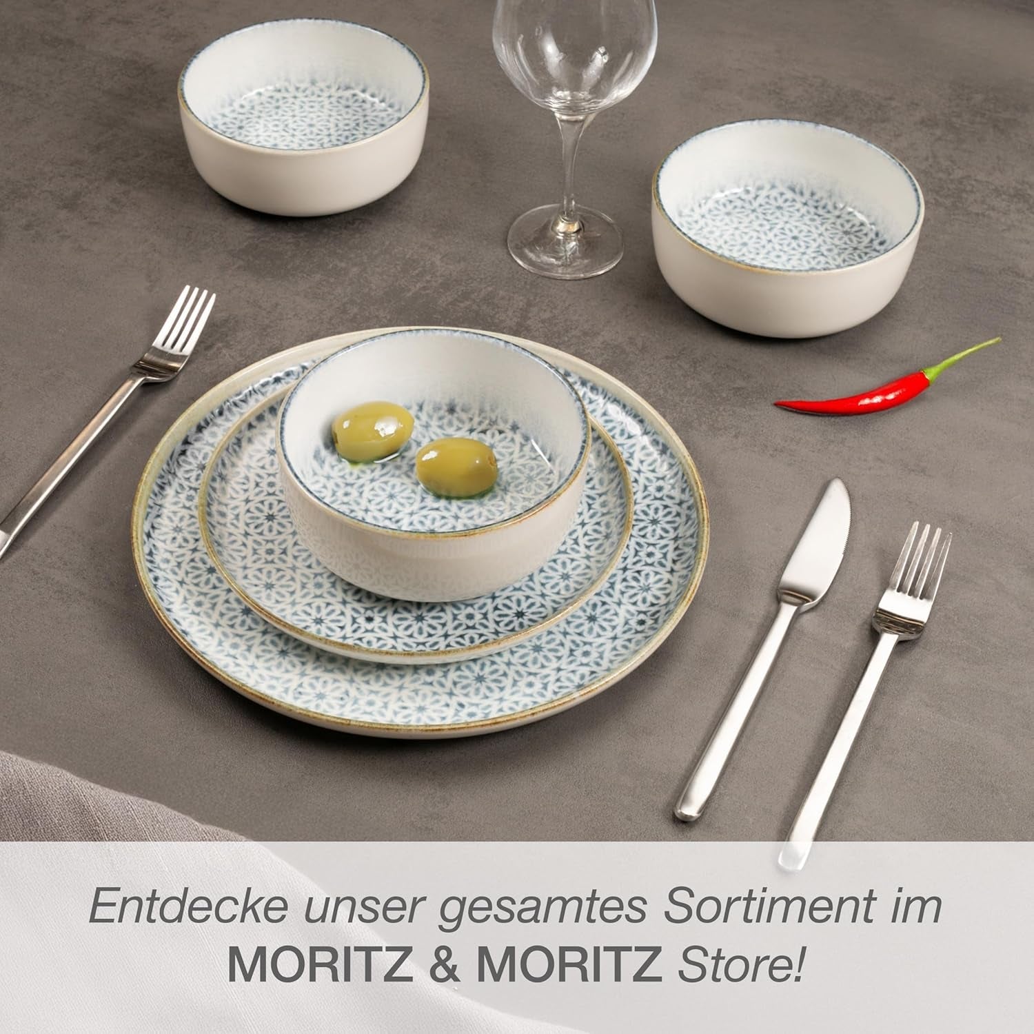 Moritz & Moritz ALHAMBRA Spisesæt til 6, 18 stykker, porcelæn af høj kvalitet - Moderne blåt porcelæn - Nemt at vedligeholde sæt med 6 middagstallerkener, 6 desserttallerkener og 6 skåle
