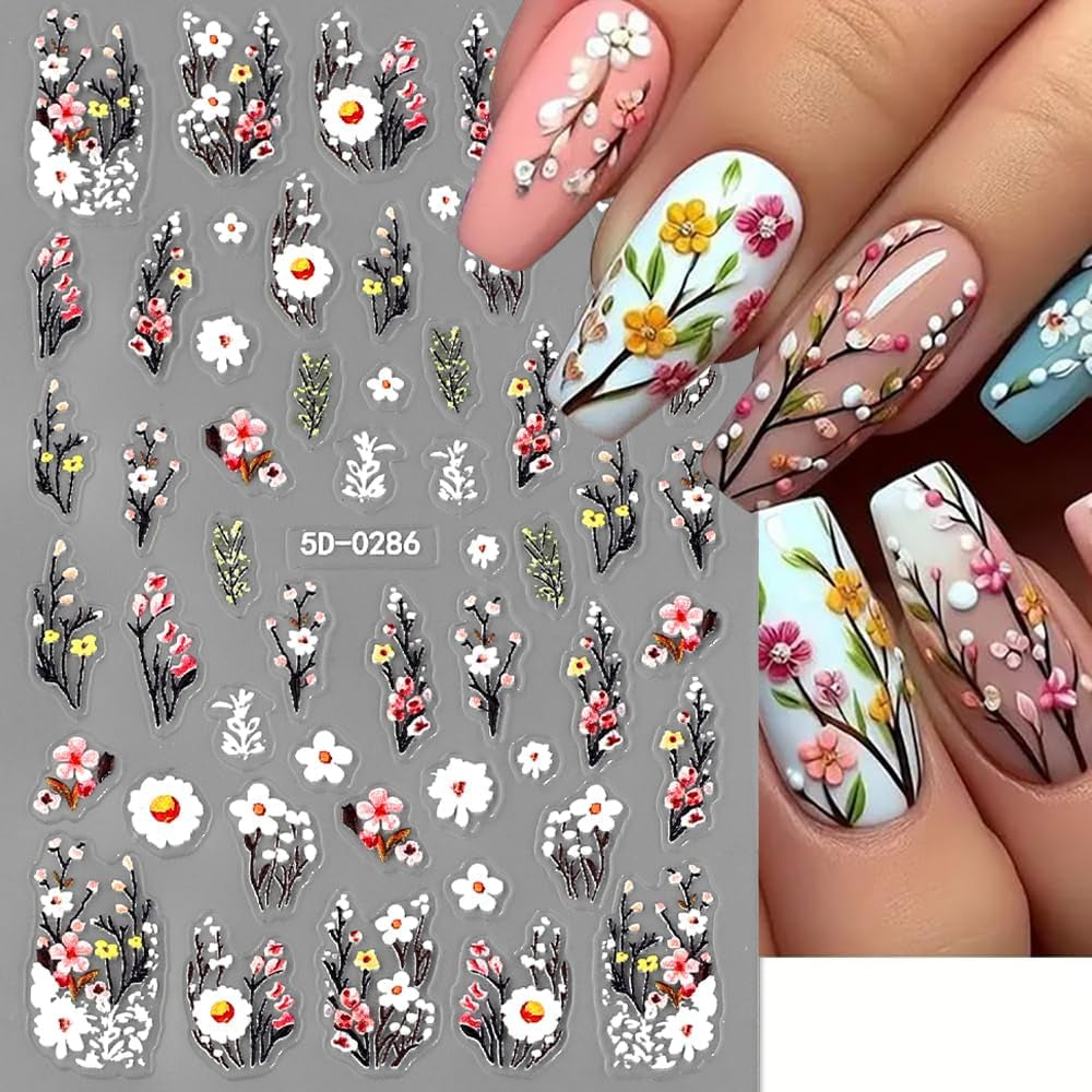 Plum Flower Nail Stickers, White Pink Flower Nail Stickers, Prægede Flower Nail Stickers, Spring Summer Flower Nail Stickers, Negle Designs, Negle Accessories, Nail Art