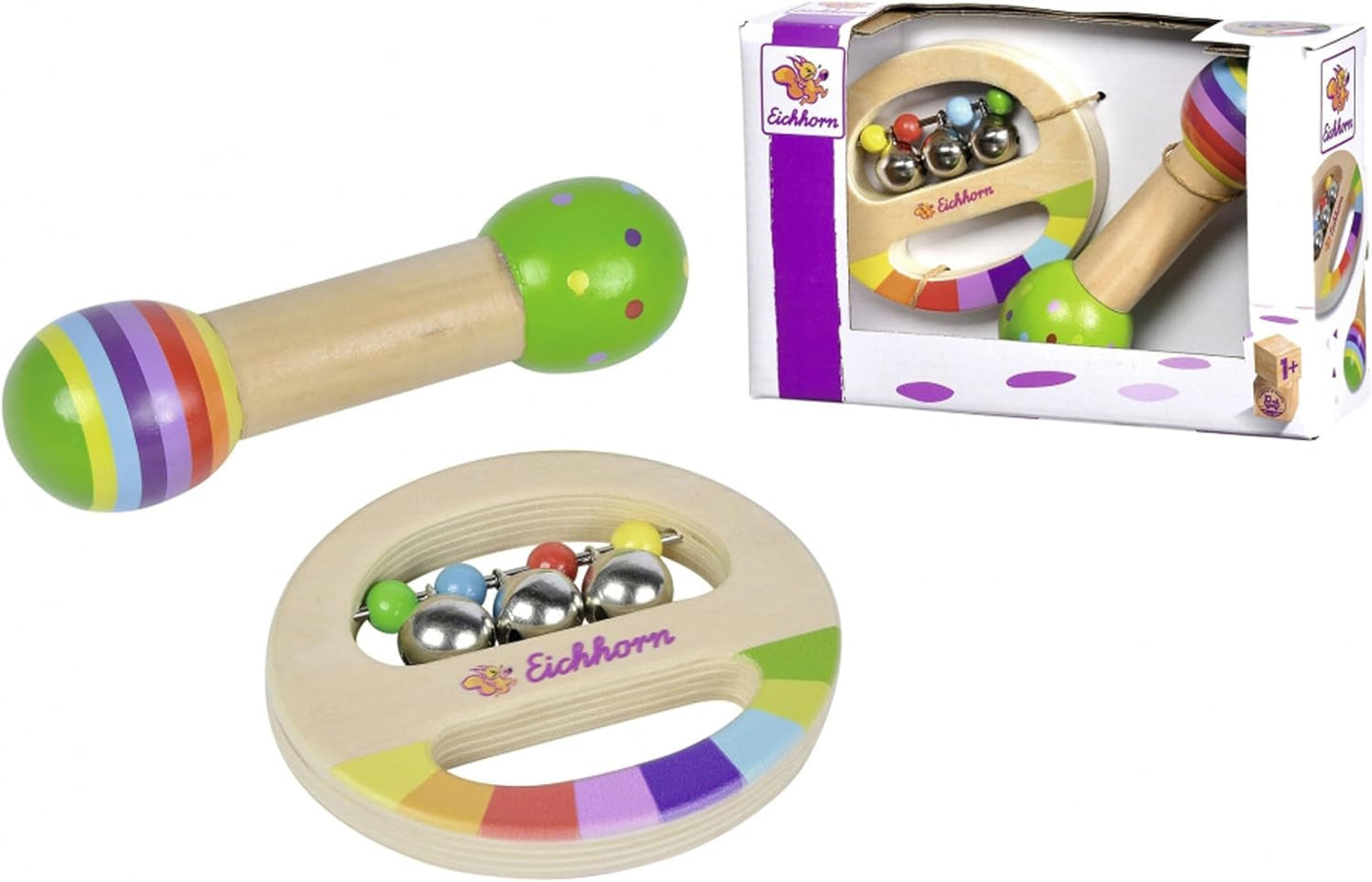 Eichhorn - 2-delt musiksæt, inkluderer legetøj med klokker og lydpind, farverige træmusikinstrumenter, fra 1 år Babylegetøj Naty Shop