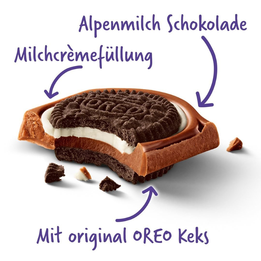 Milka Oreo Sandwich – Alpine mælkechokolade, fyldt med sprøde stykker Oreo cookies og glat vaniljecreme – 92g