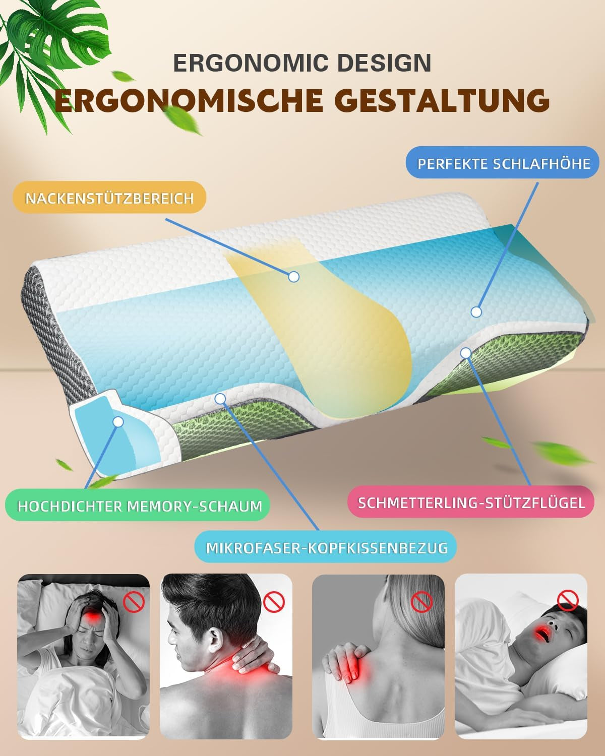 Nakkesmertepude, Ergonomisk ortopædisk Nakkepude, Side Back Abdominal Memory Foam Pude, Anti Snorken Pude til Mænd Kvinder (62 * 34,5 * 12/8CM) Cervikal Ortopædiske Puder Naty Shop