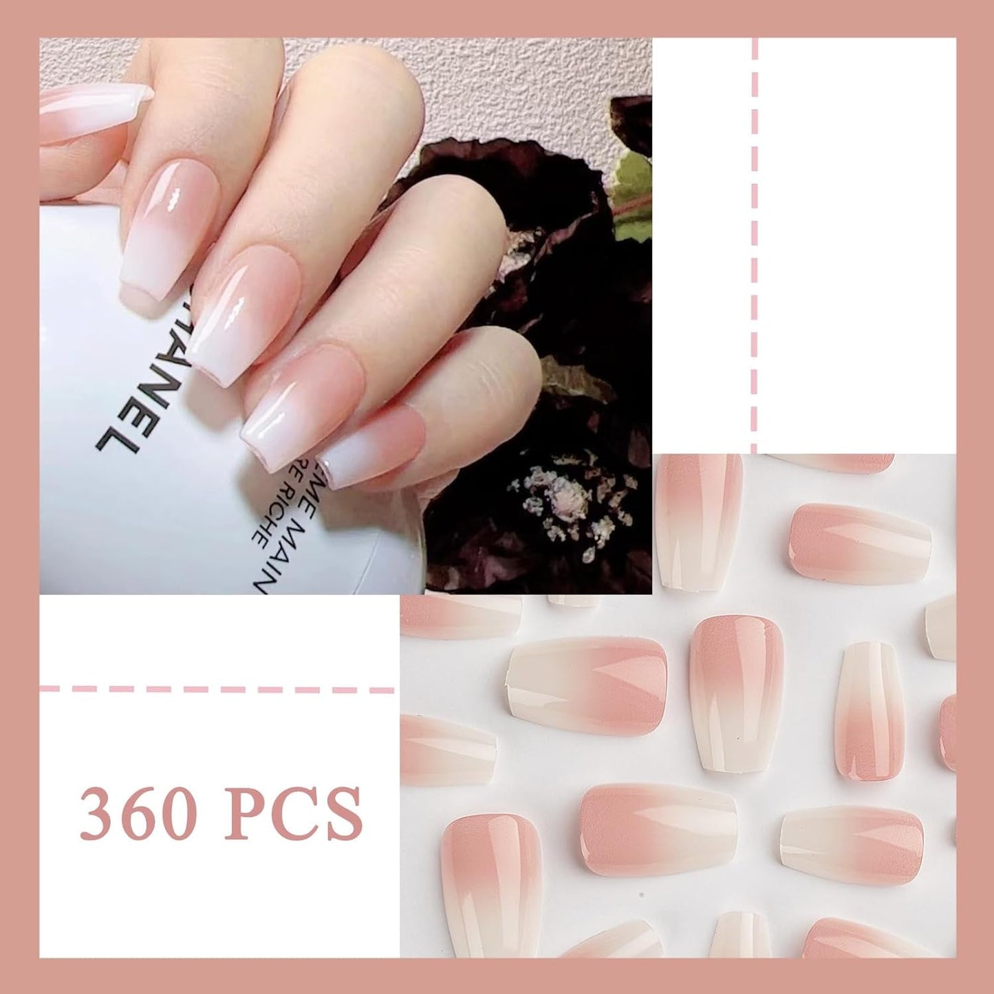 360 stk Gradient Ballerina Falske Negle Sæt, Pink White Gradient Lime-on kunstige negle med 2 stk Nail Oil Penne, Ombre Medium Fake Neils for Women DIY