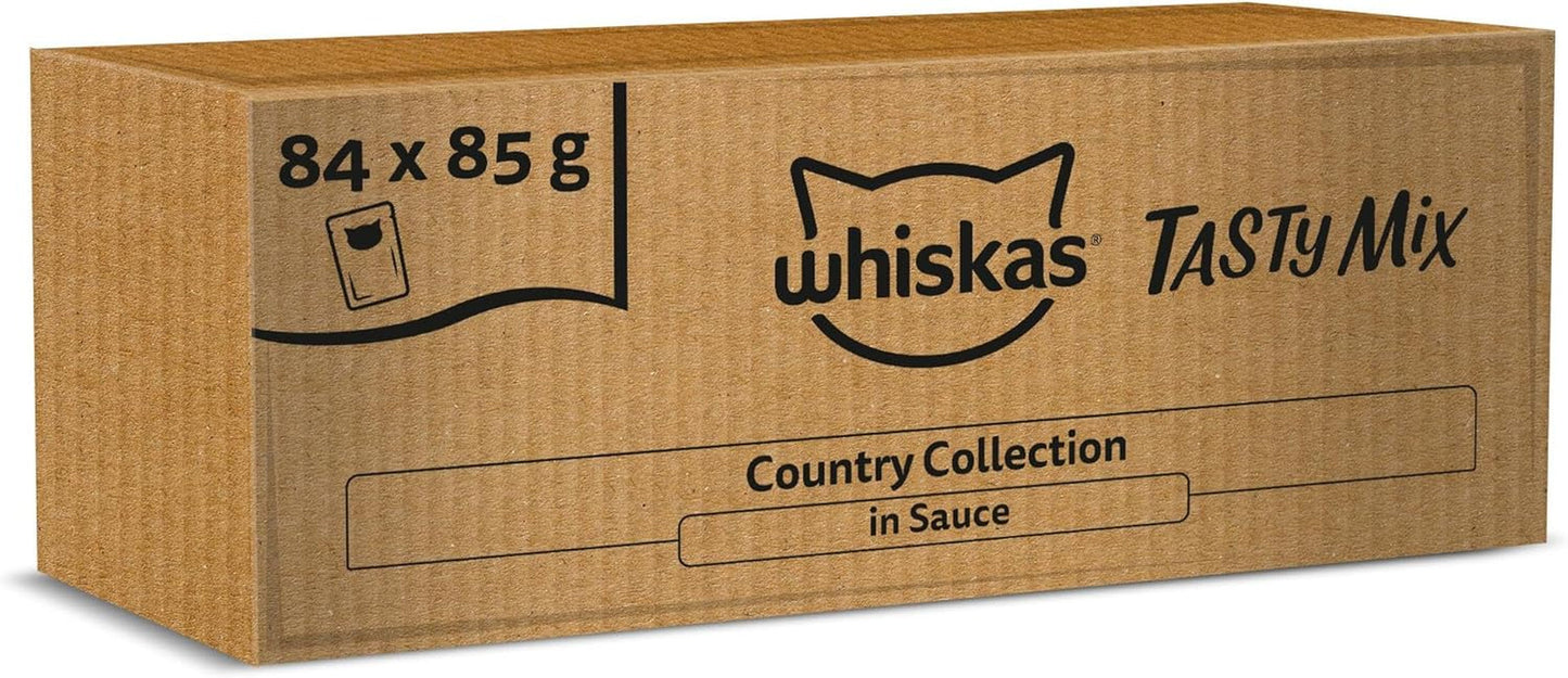 Whiskas Vådfoder til voksne 1+ Tasty Mix Country Collection i Sauce, 84 poser, 84 x 85 g (1 Bulk Pack) - Højkvalitets vådfoder til voksne katte