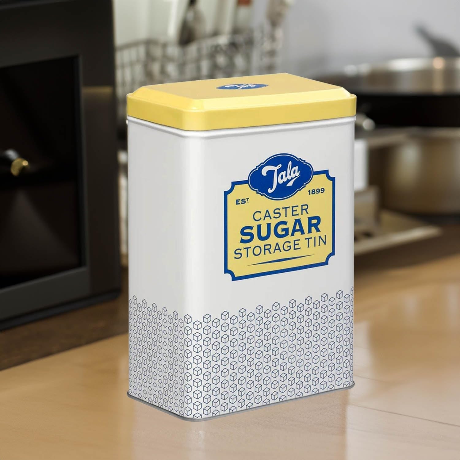 Tala Originals Retro Design Metal Opbevaringsboks i Gul og Creme Kan indeholde en hel pose med pulveriseret sukker