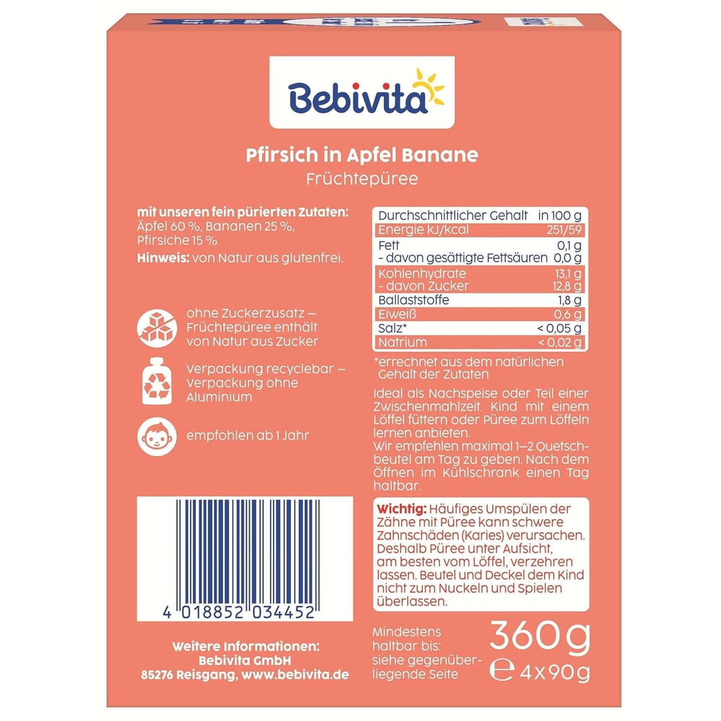 Peach-, æble- og bananposer - 16 (4 pakker, 4 x 90 g hver), uden tilsat sukker, glutenfri, ideel til take away-snacks og selvforbrugende