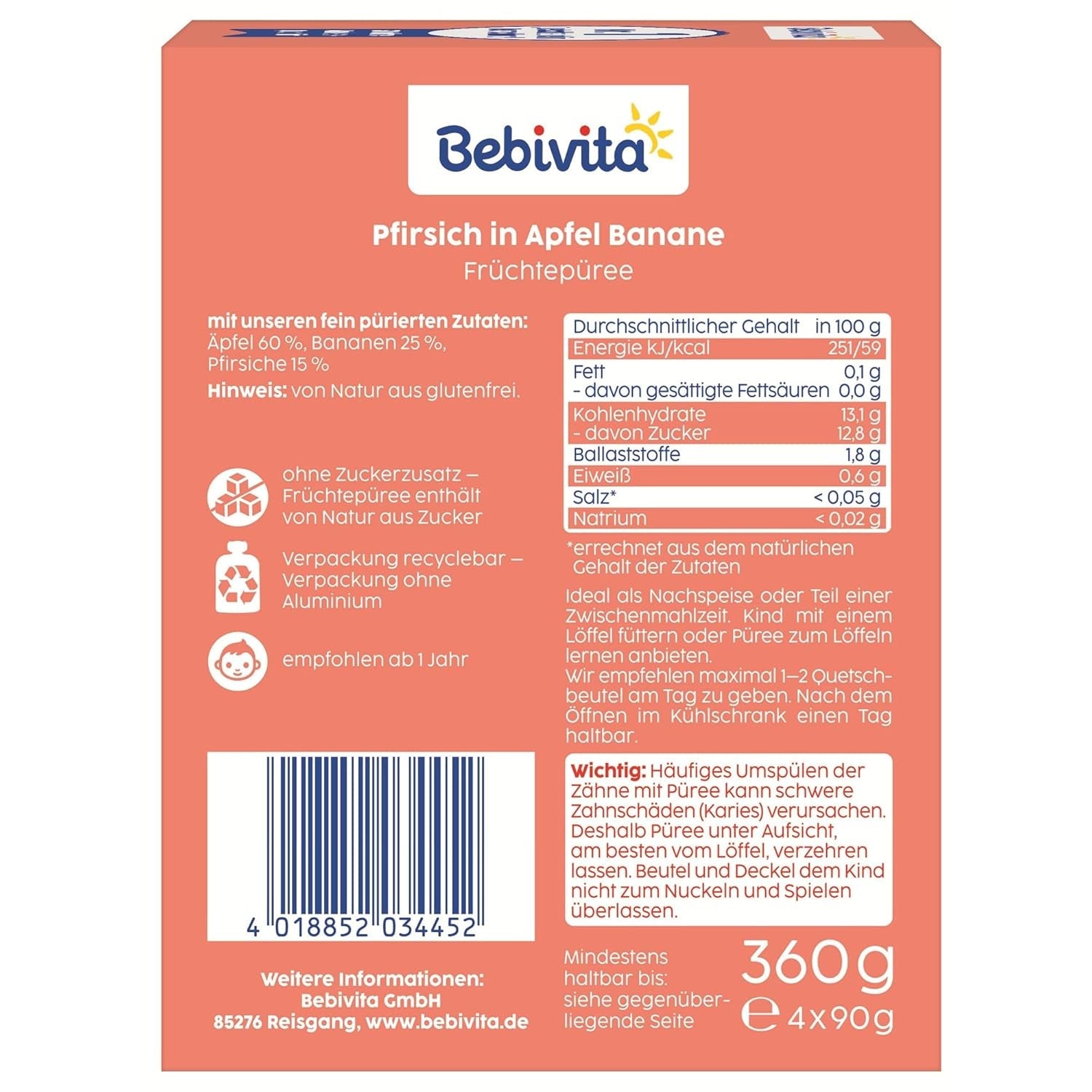 Peach-, æble- og bananposer - 16 (4 pakker, 4 x 90 g hver), uden tilsat sukker, glutenfri, ideel til take away-snacks og selvforbrugende