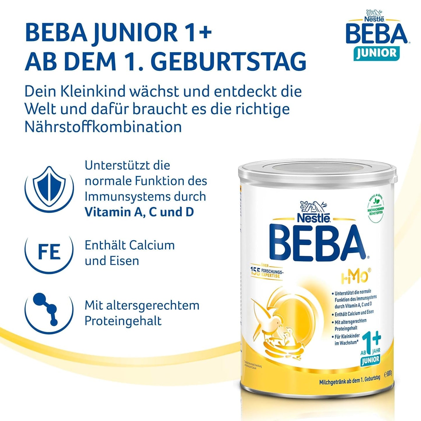 BEBA Junior 1+ mælkedrik fra 1 år, Med HMO, Alderssvarende proteinindhold, Kun laktose, Ingen palmeolie, Ingen fiskeolie, Småbørnsmad, Babymælkpulver, Pakke med 3 (3 x 800g)