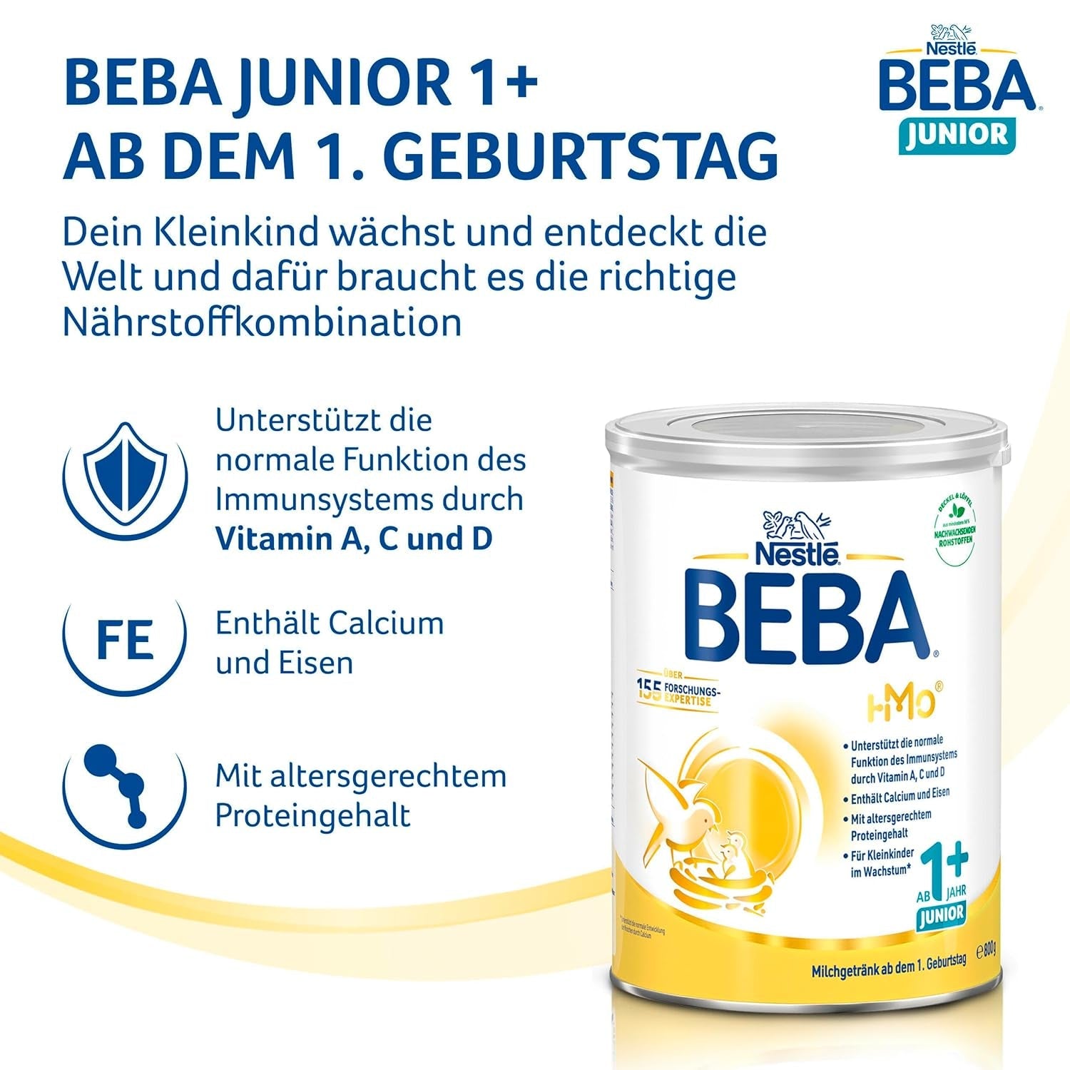 BEBA Junior 1+ mælkedrik fra 1 år, Med HMO, Alderssvarende proteinindhold, Kun laktose, Ingen palmeolie, Ingen fiskeolie, Småbørnsmad, Babymælkpulver, Pakke med 3 (3 x 800g)