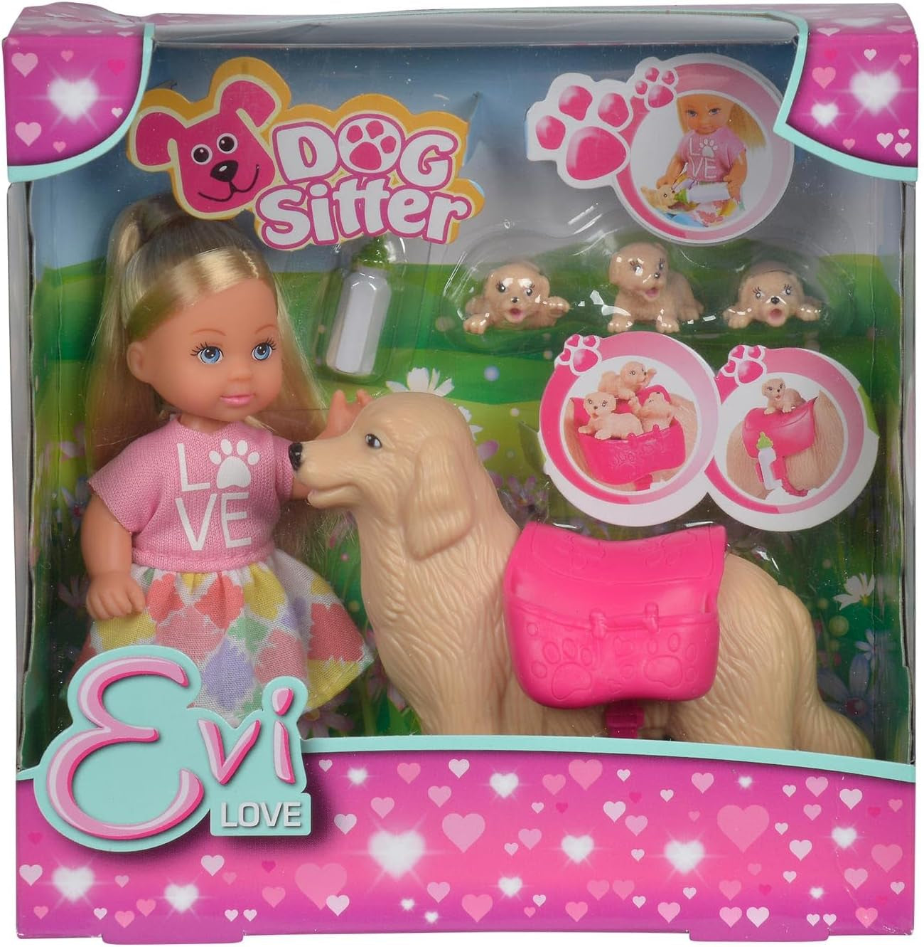 Simba 105733072 - Evi Love Hundepasser med hund og tre hvalpe, tilbehør, modedukke, 12 cm, til børn i alderen 3+