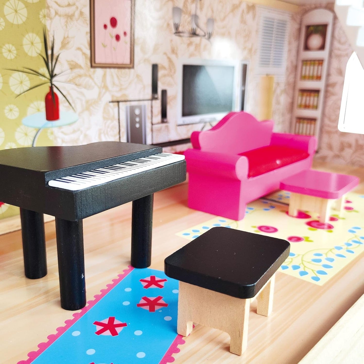 Bino World of Toys Dukkehus med altan, Legetøj til småbørn fra 3 år, med 3 etager, trapper, 4 værelser og altan inkl. 15-TLG. Tilbehør, For at fremme børns færdigheder, Pink design Naty Shop dukkehuse