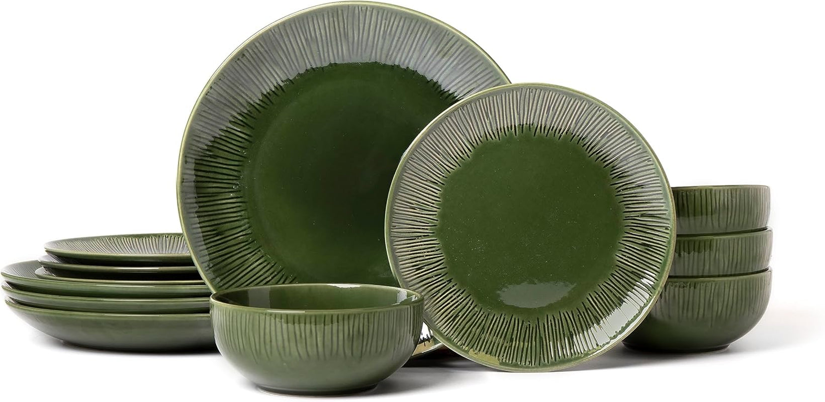 Mikasa Jardin 12-delt porcelænssæt, 4-personers stel i stentøj med tallerkener, sidetallerkener og skåle, grøn - gaveæske og tåler opvaskemaskine