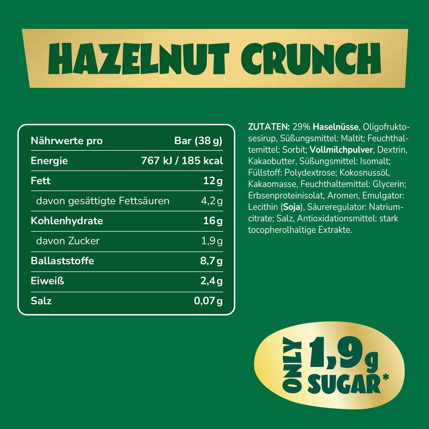 Karamel- og hasselnøddechokoladebarer forude | 12 chokoladebarer x 35 g uden tilsat sukker | 1,9 g sukker pr. bar | Sprød hasselnød og karamel smag | Low Carb slik | Ingen palmeolie
