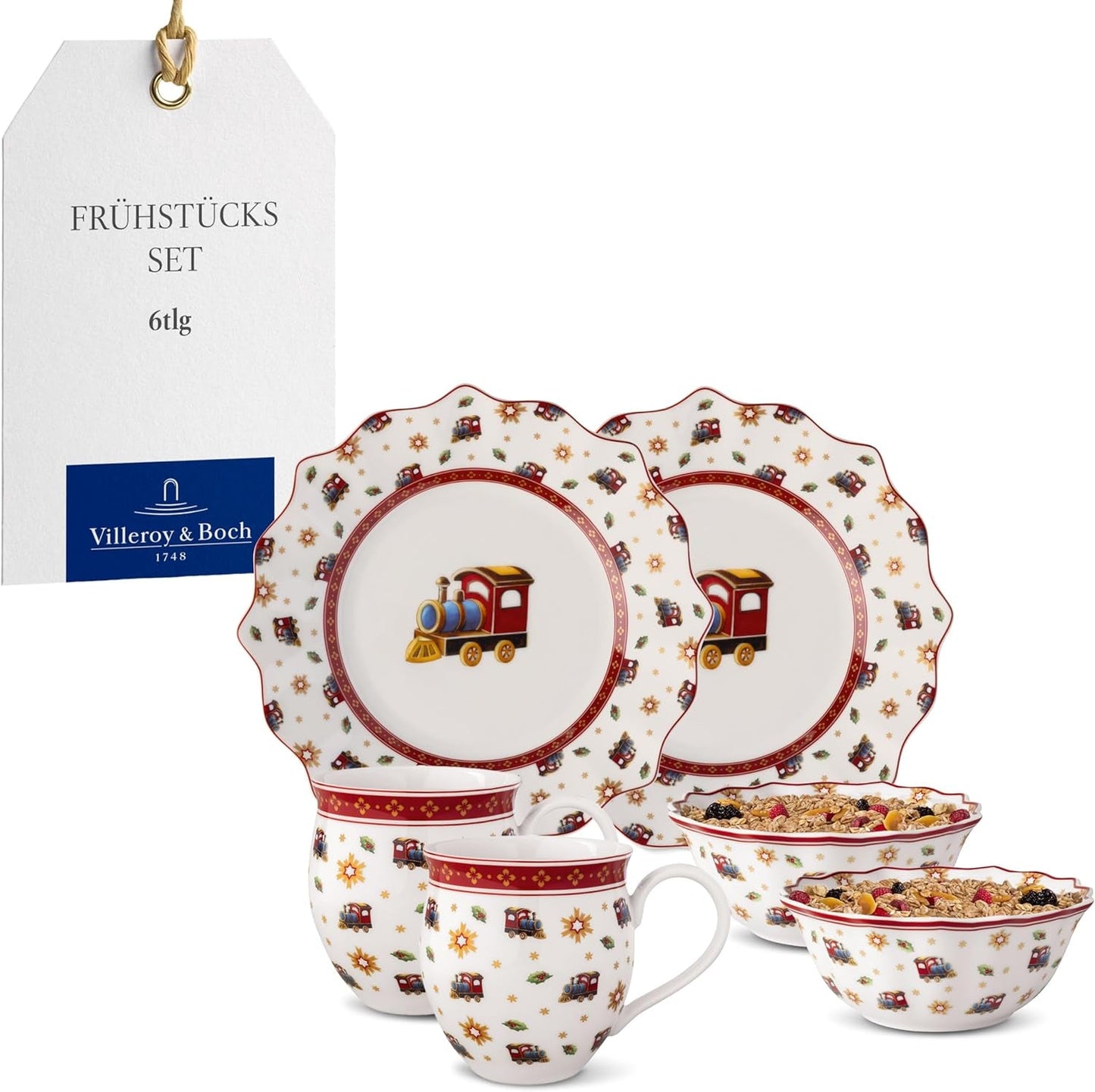 Villeroy & Boch - Toy's Delight morgenmadssæt til 2, lokomotivdesign, 6 stykker, farverigt, jul, porcelænssæt med tallerkener, kopper og skåle til morgenmad, julestel, premium porcelæn
