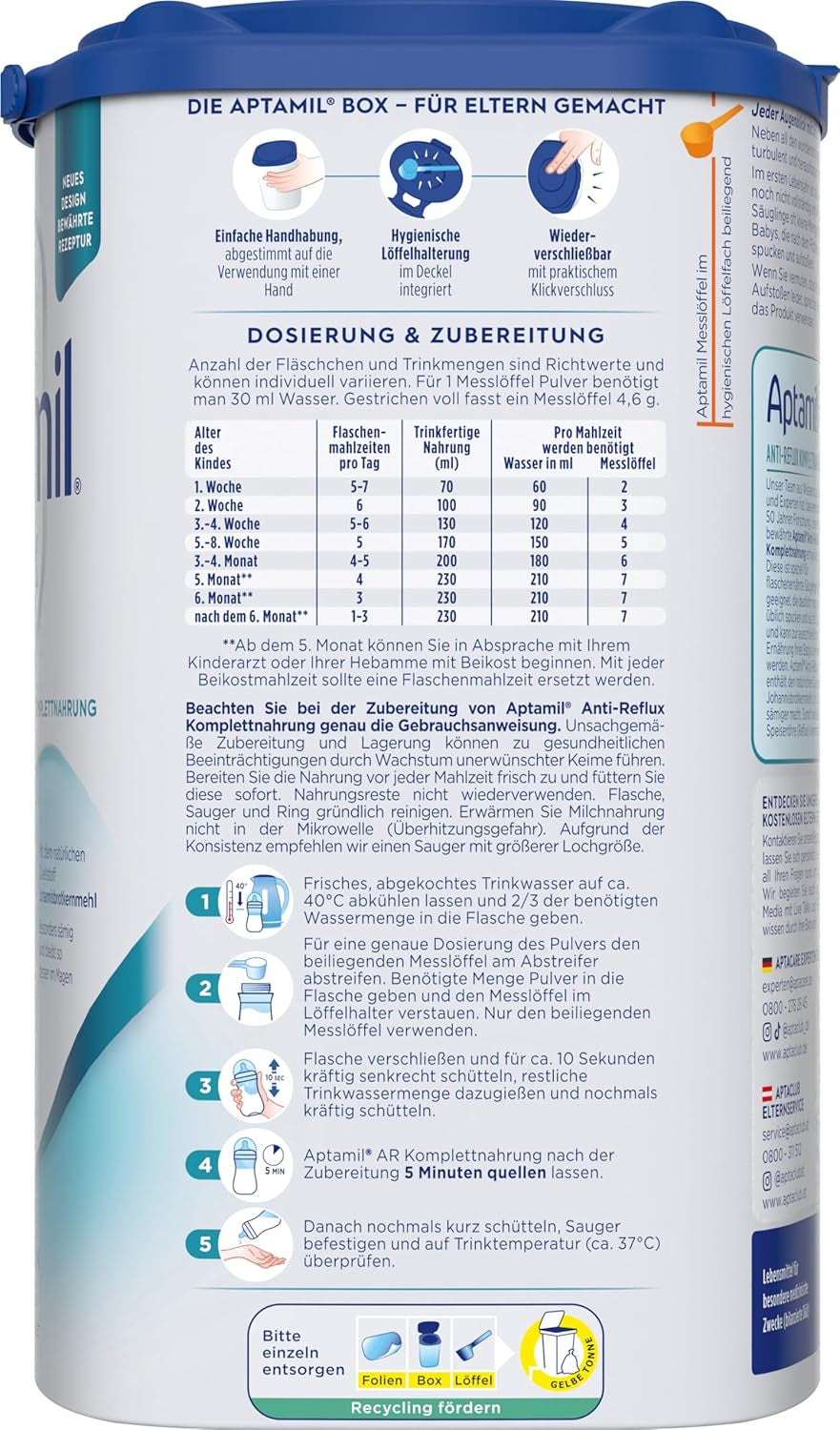 Aptamil Anti-Reflux - Komplet formel fra fødslen Diætstyring Opkastning og opstød Babymad Mælkepulver 1 x 800 g