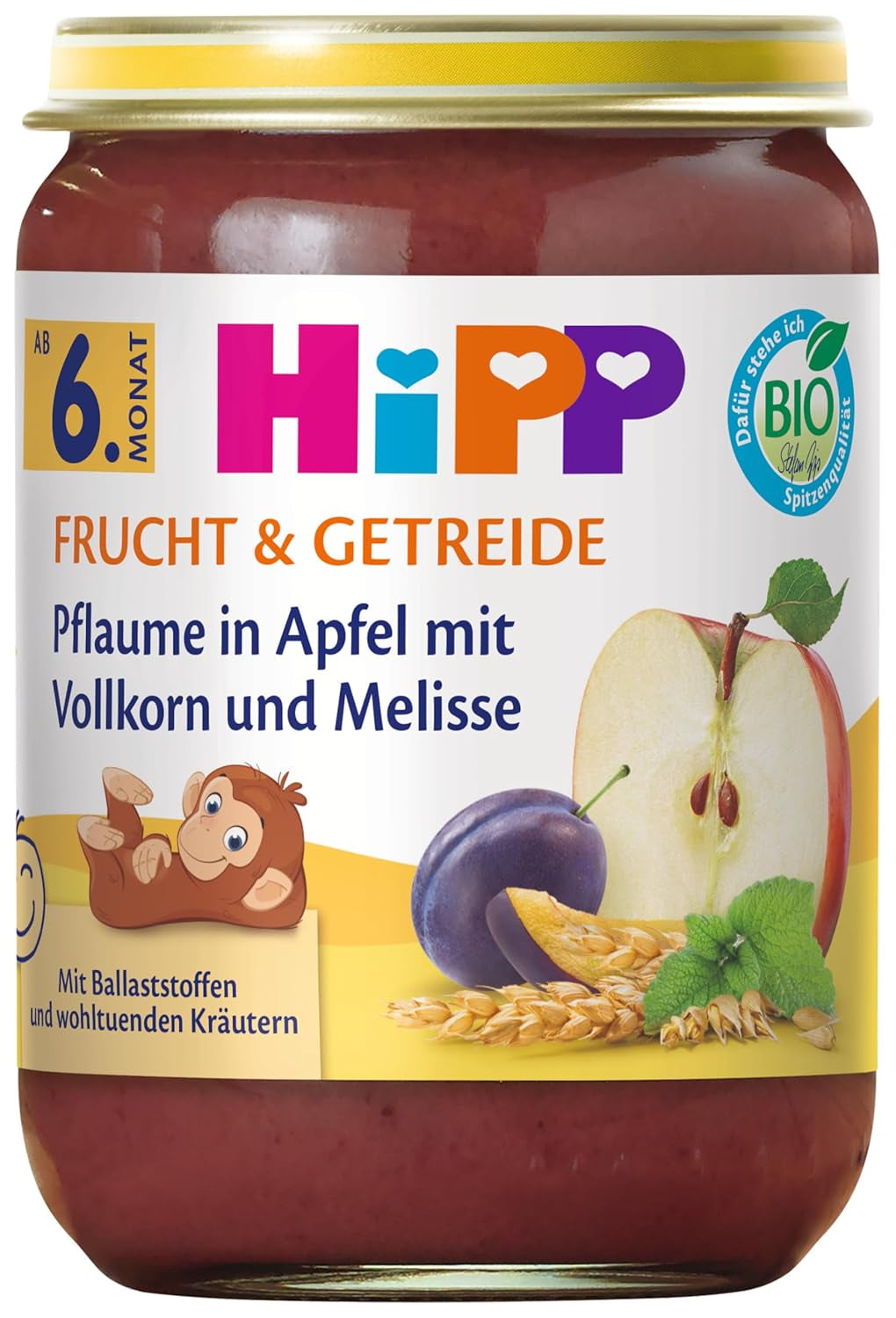 HiPP Økologiske Blommer i Æblecreme med Fuldkorn og Citronmelisse (6 x 190g), fra 6 måneder, med økologisk fuldkorn og gavnlige urter, kun naturlig frugtsødme, af bedste økologiske kvalitet