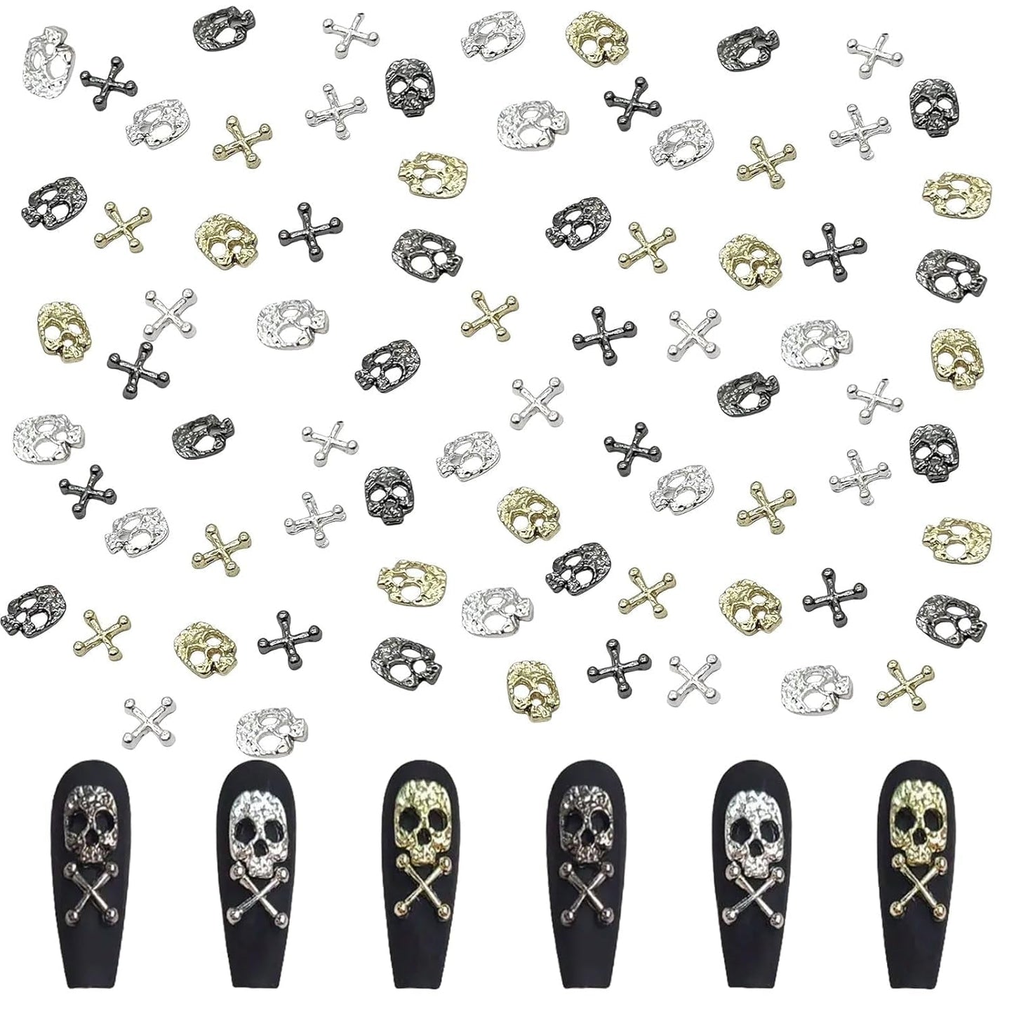 120 stk Cross Skull Nail Art Decorations Sæt Guld Sølv Metal Nail Art Charms Punk Legering Nail Art Smykker Mousserende Sten Tilbehør