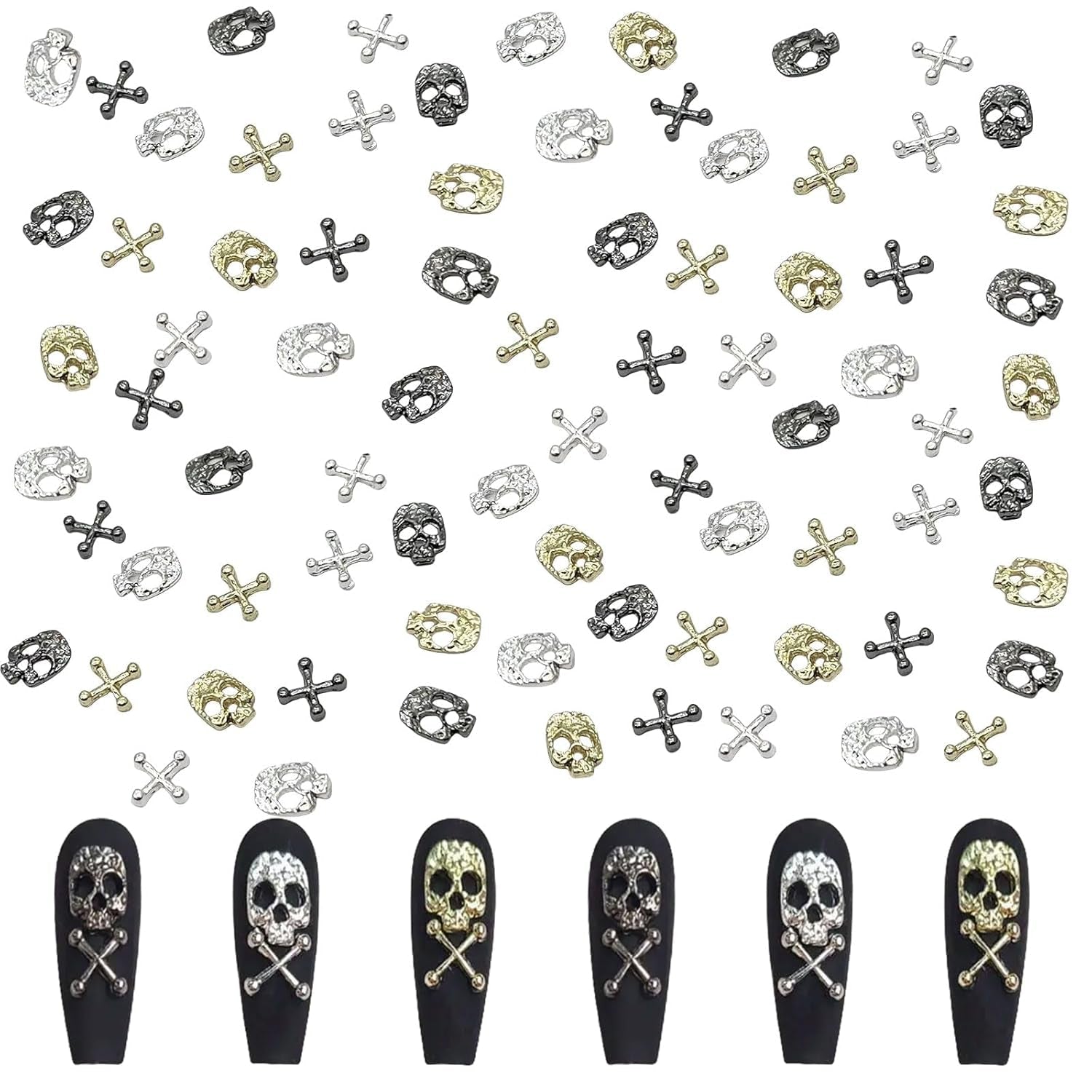120 stk Cross Skull Nail Art Decorations Sæt Guld Sølv Metal Nail Art Charms Punk Legering Nail Art Smykker Mousserende Sten Tilbehør