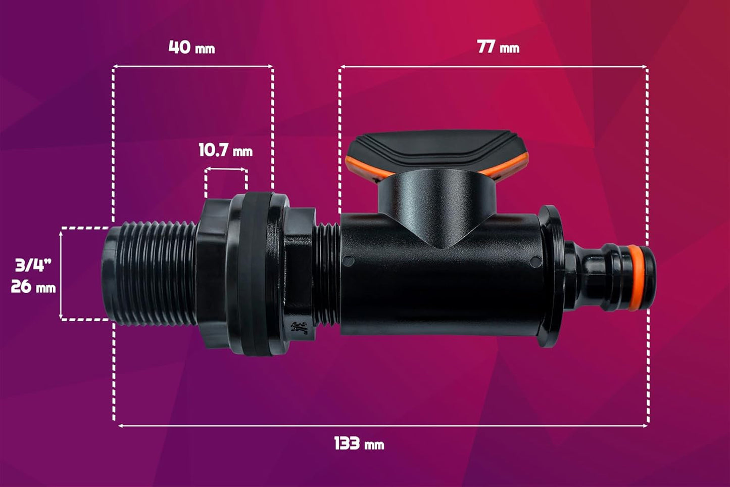 Tankfitting med afspærringsventil 26,44 mm udvendigt gevind 3/4" Quick Connector Regntønde Fitting Regntønde Vandtønder 1 stk.
