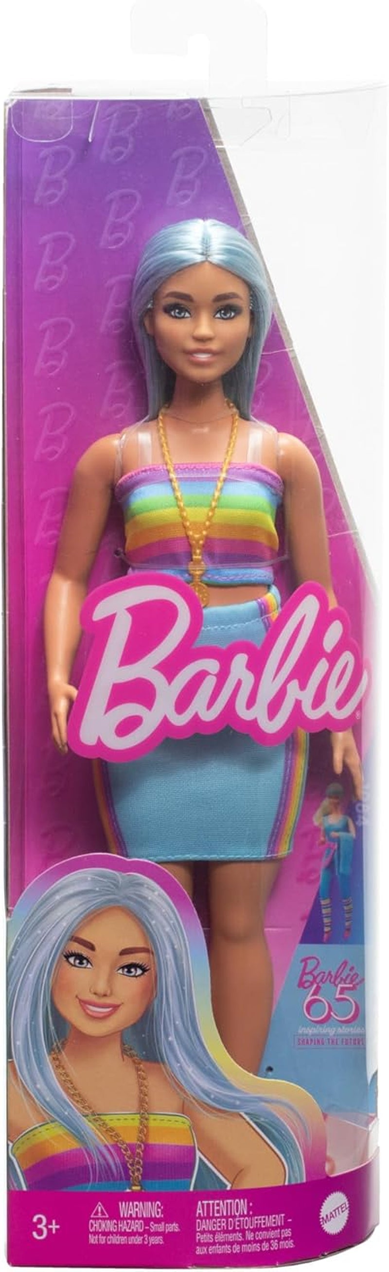 Barbie Fashionista dukke nr. 218 med langt blåt hår, regnbuebluse og turkis nederdel, 65-års jubilæums samlerobjekt dukke, HRH16