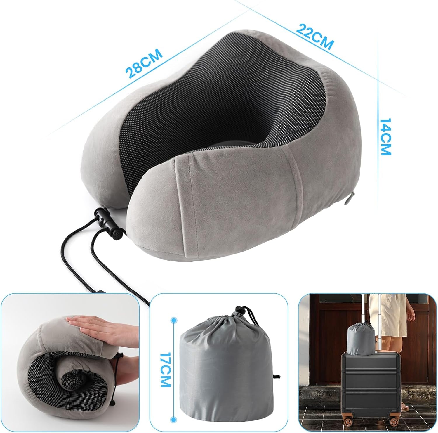 Nakkepude, Fly Nakkepude, Rejsepude, Voksen Nakkepude, Bil Nakkepude, Hjemmepude, Ergonomisk Memory Foam Pude, Vaskbar Smal Ryg, Justerbar, Grå