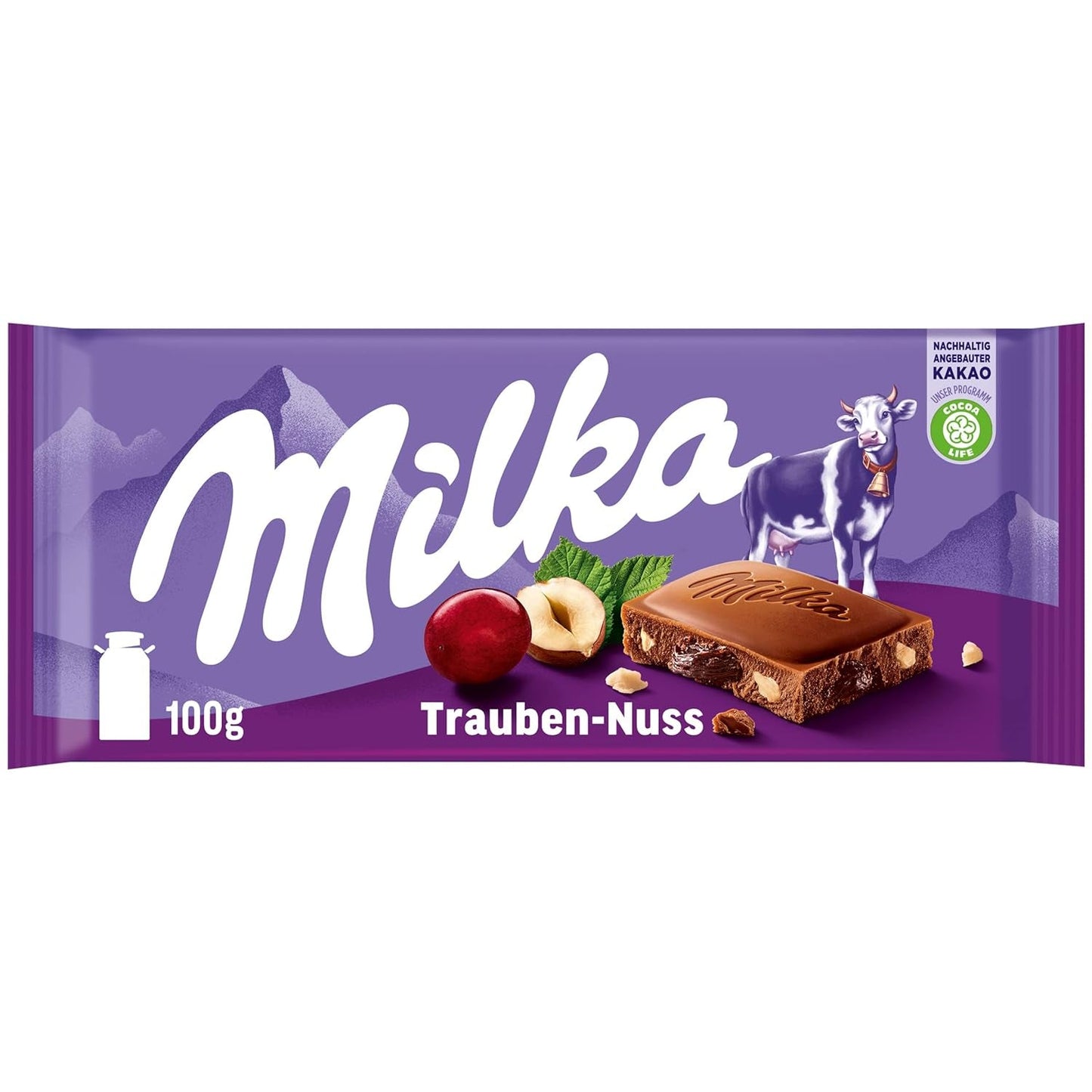 Milka druer og hasselnødder – Alpine mælkechokolade med stykker af hasselnødder og rosiner – 90 g