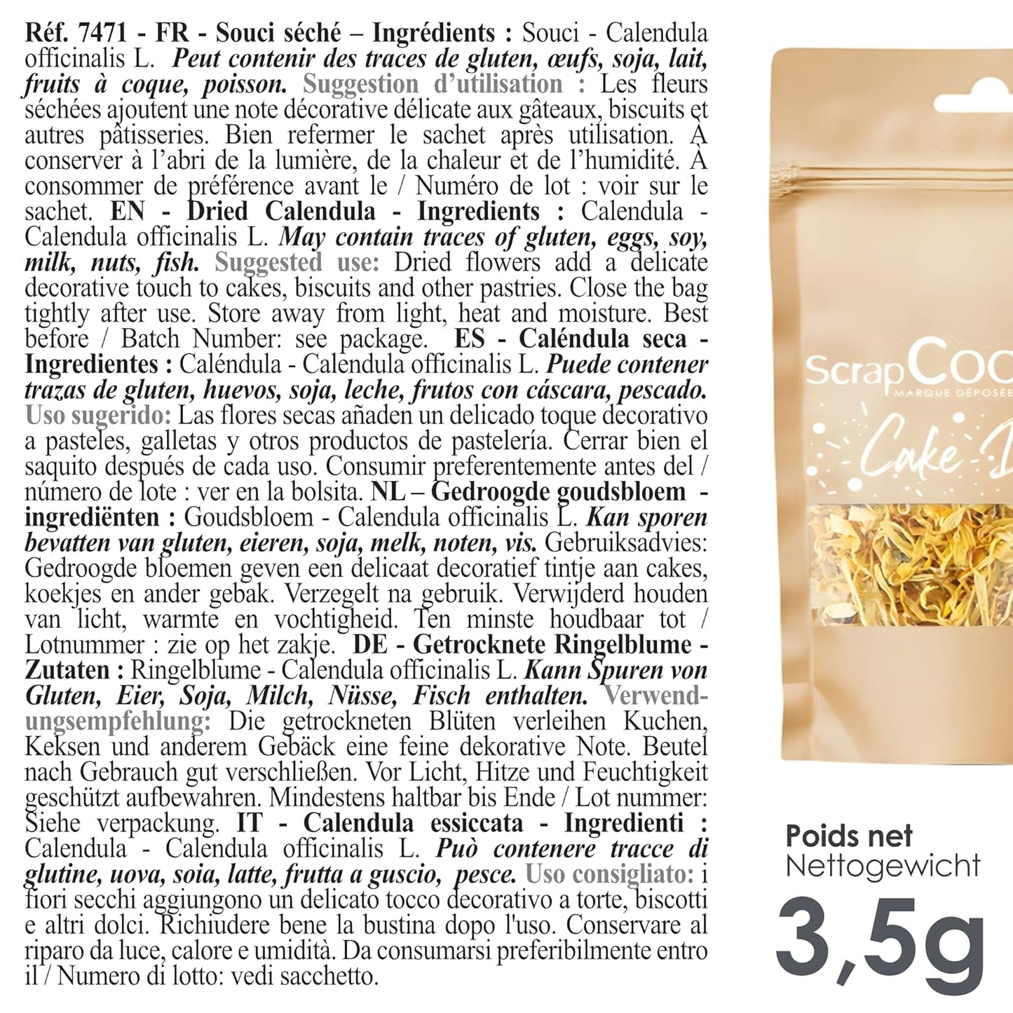 ScrapCooking - Tørrede morgenfruer 3,5 g - Spiselige blomster - Maddekorationer til bagning - Til desserter, kager, tærter, muffins - jul, forår, fødselsdag - Gylden gul - 7471